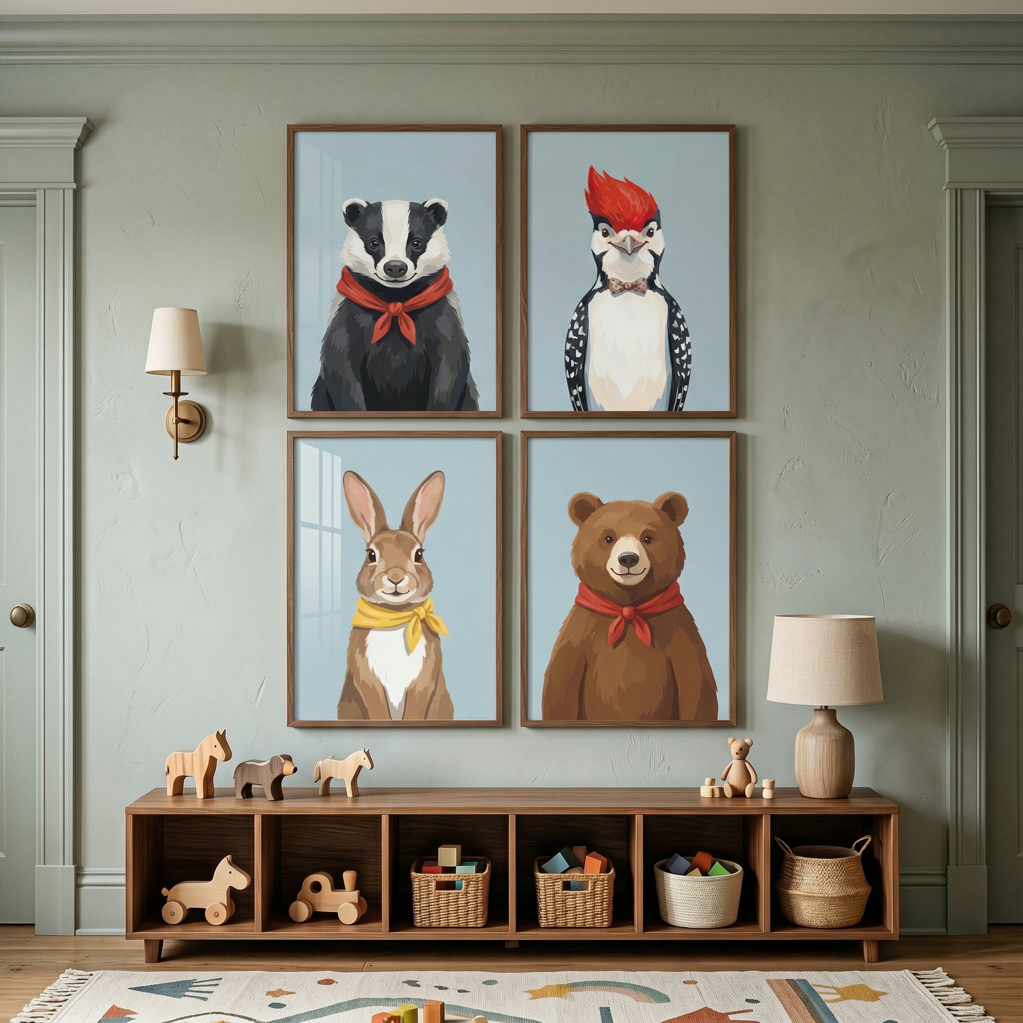 Minimalist Blue Forest Animal Artwork Set of 4 - Dapper Forest Friends