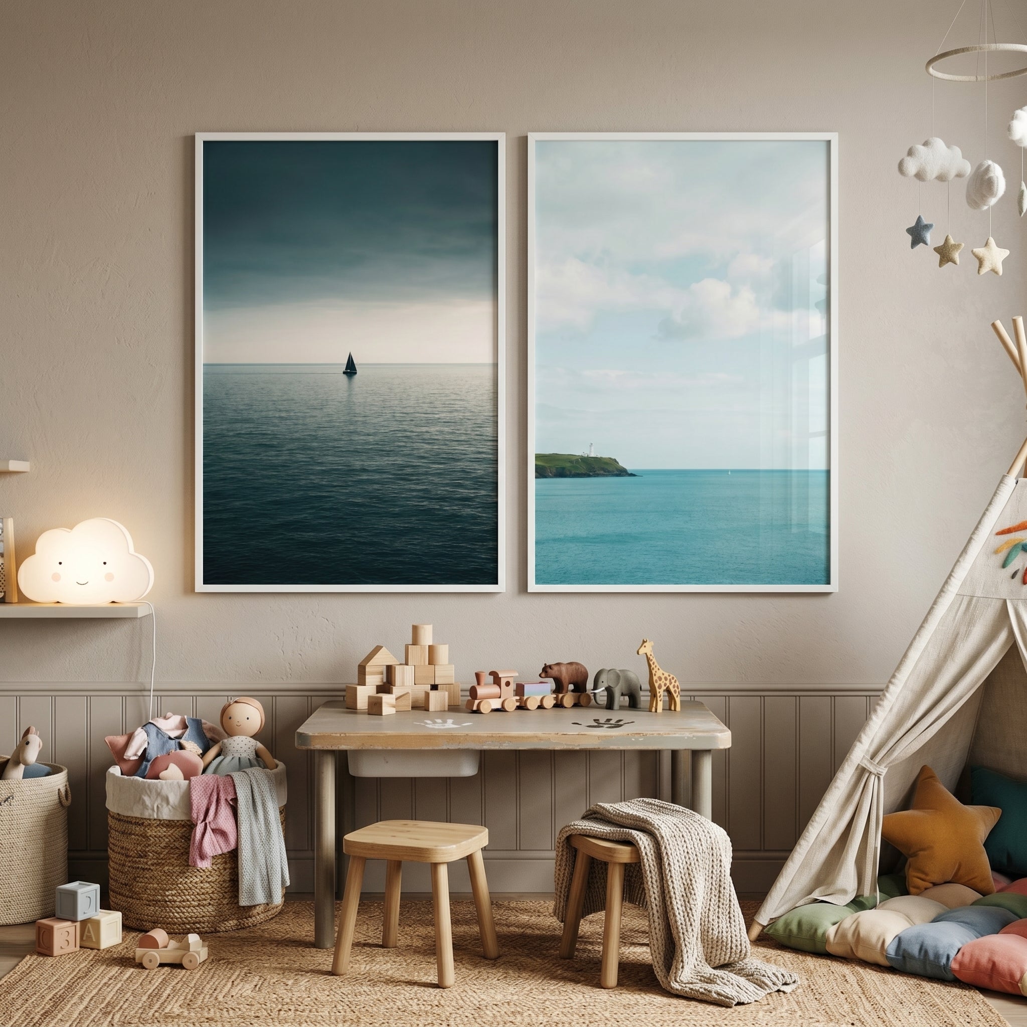 Minimalist Blue Ocean Wall Art Set of 2 - Divided Horizons