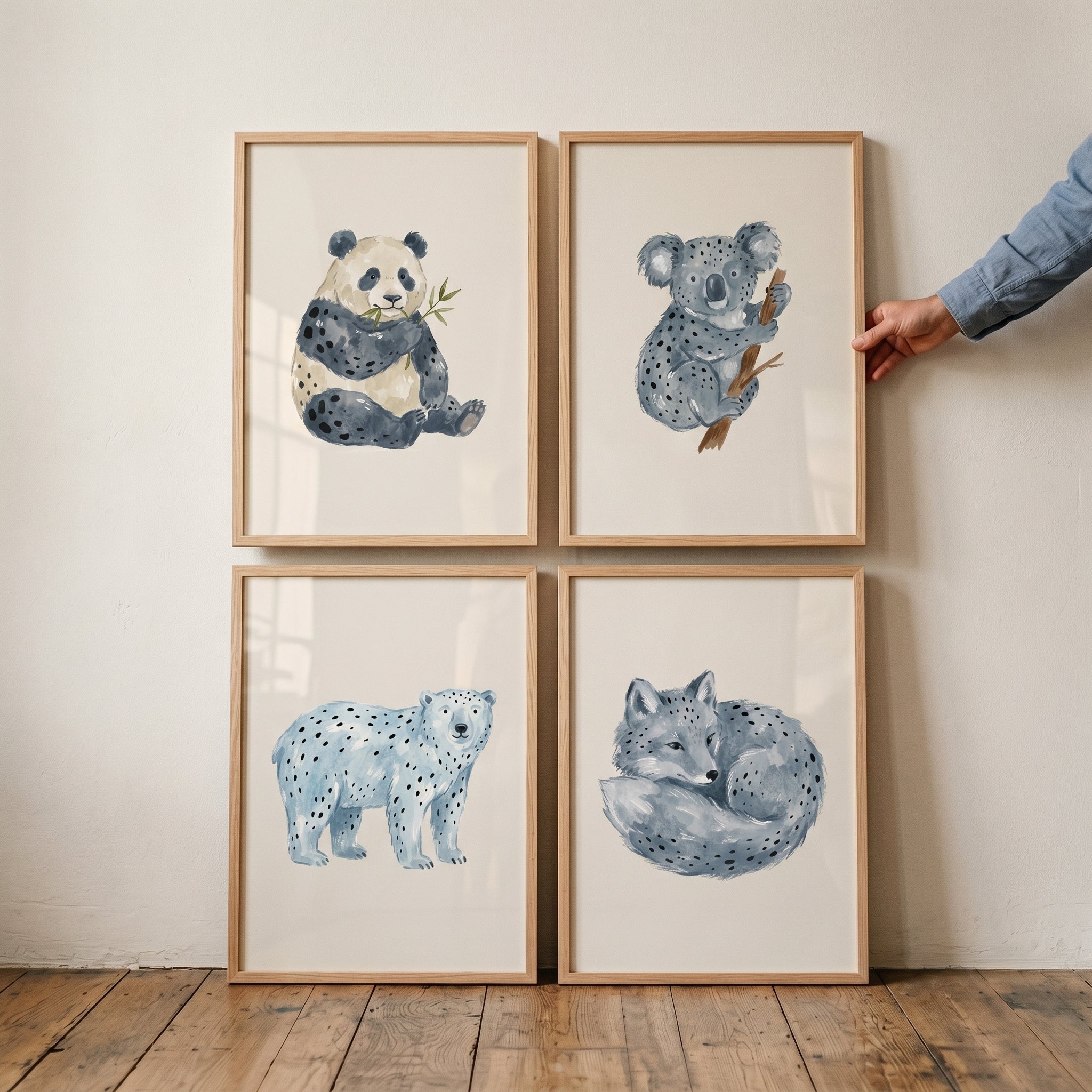 Minimalist Blue Spotted Animals Wall Art Set of 4 - Spotted Animal Portraits