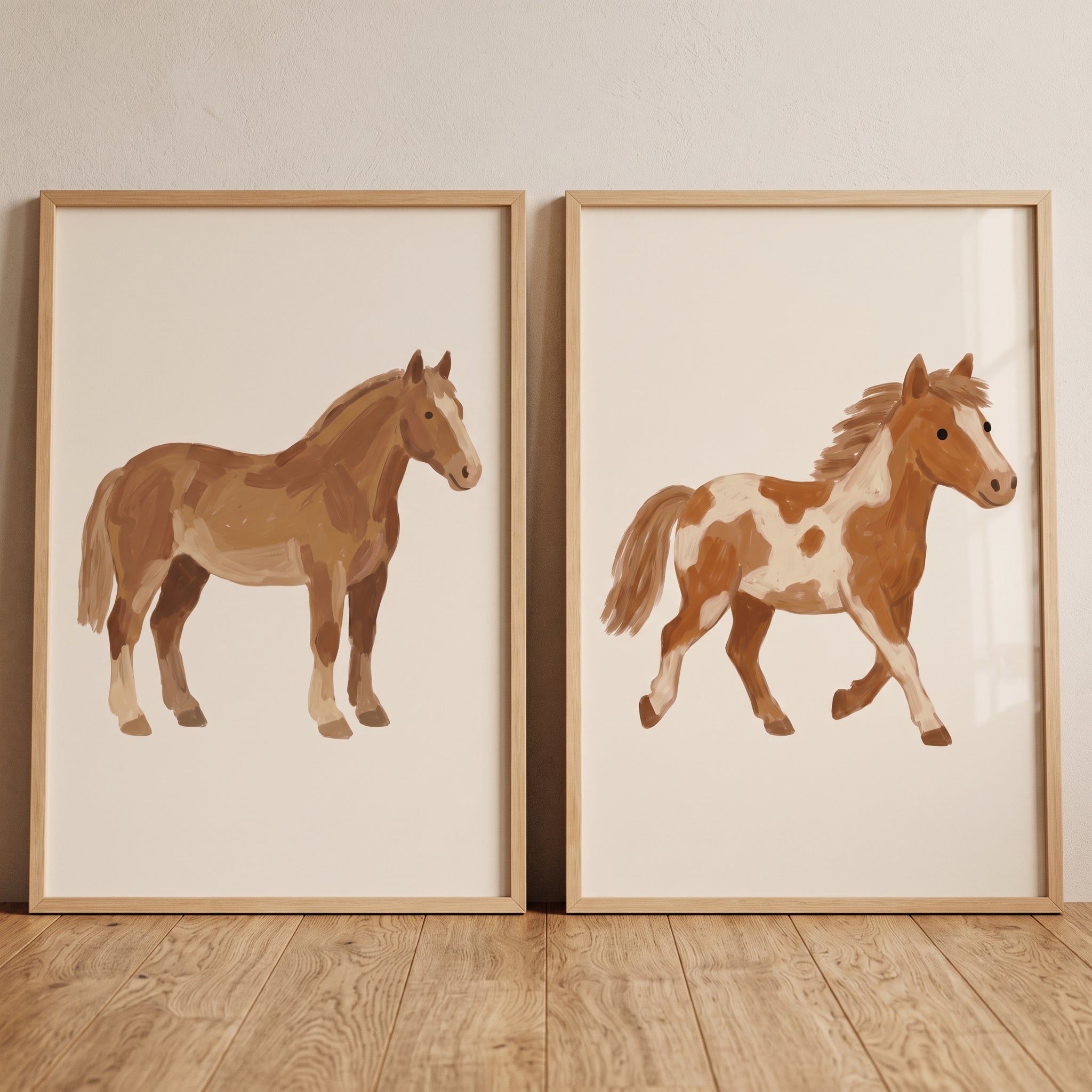 Minimalist Brown Horse Wall Art Set of 2 - Rustic Horse Duo