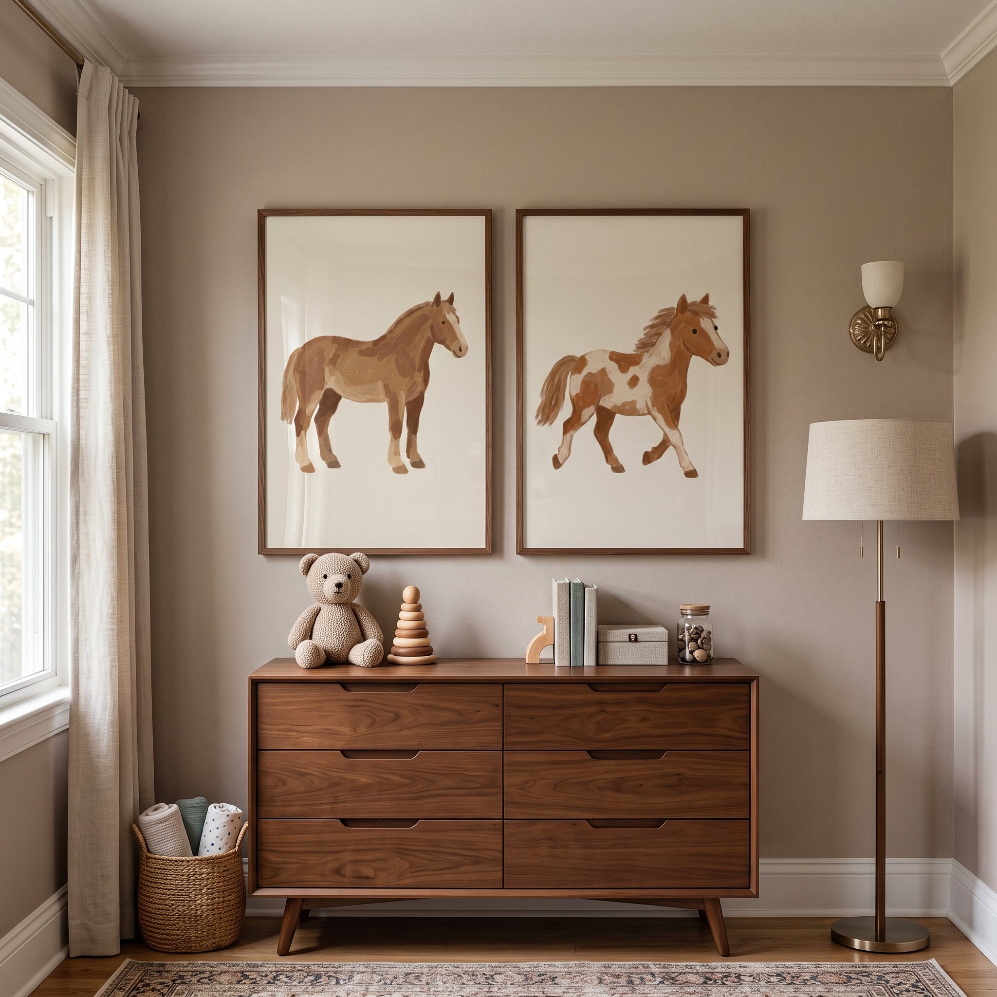 Minimalist Brown Horse Wall Art Set of 2 - Rustic Horse Duo