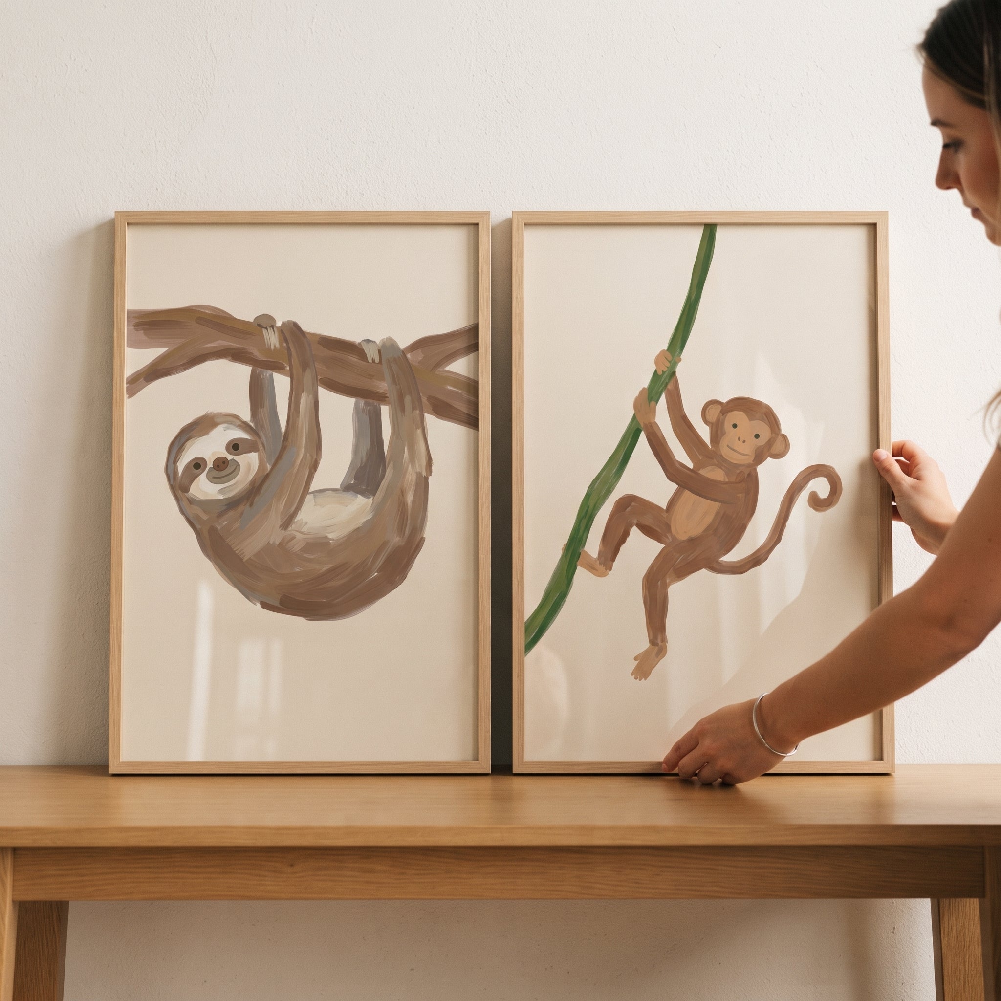 Minimalist Brown Jungle Animals Wall Art Set of 2 - Hanging Jungle Friends