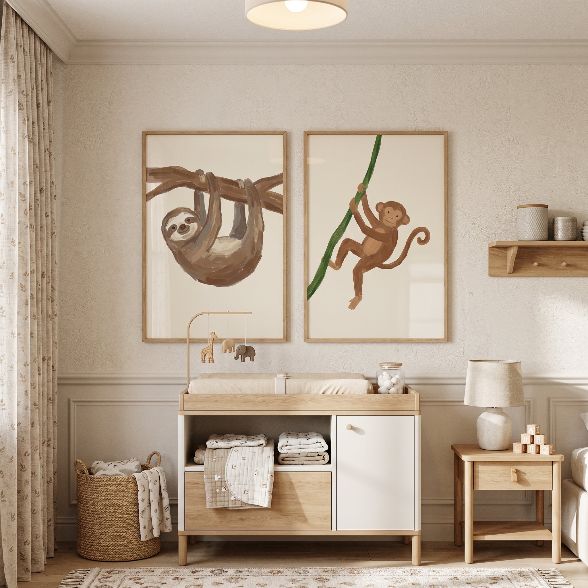 Minimalist Brown Jungle Animals Wall Art Set of 2 - Hanging Jungle Friends