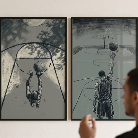 A person views a minimalist charcoal basketball player sports wall art set of 2 showing overhead and rear action shots.