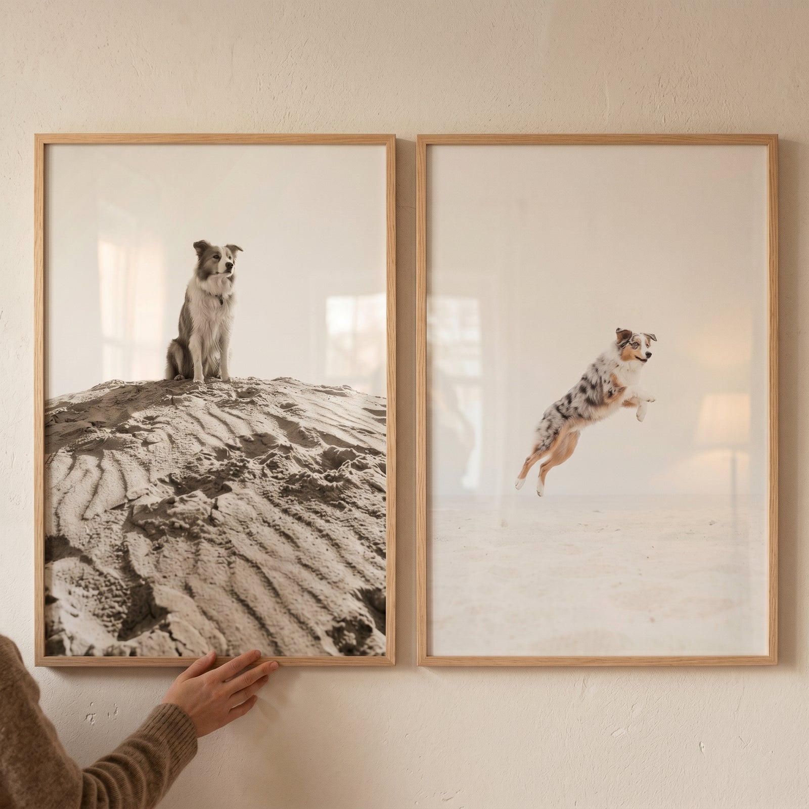 Minimalist coastal dog wall art set of 2 featuring dogs on sand dunes in light wood frames.