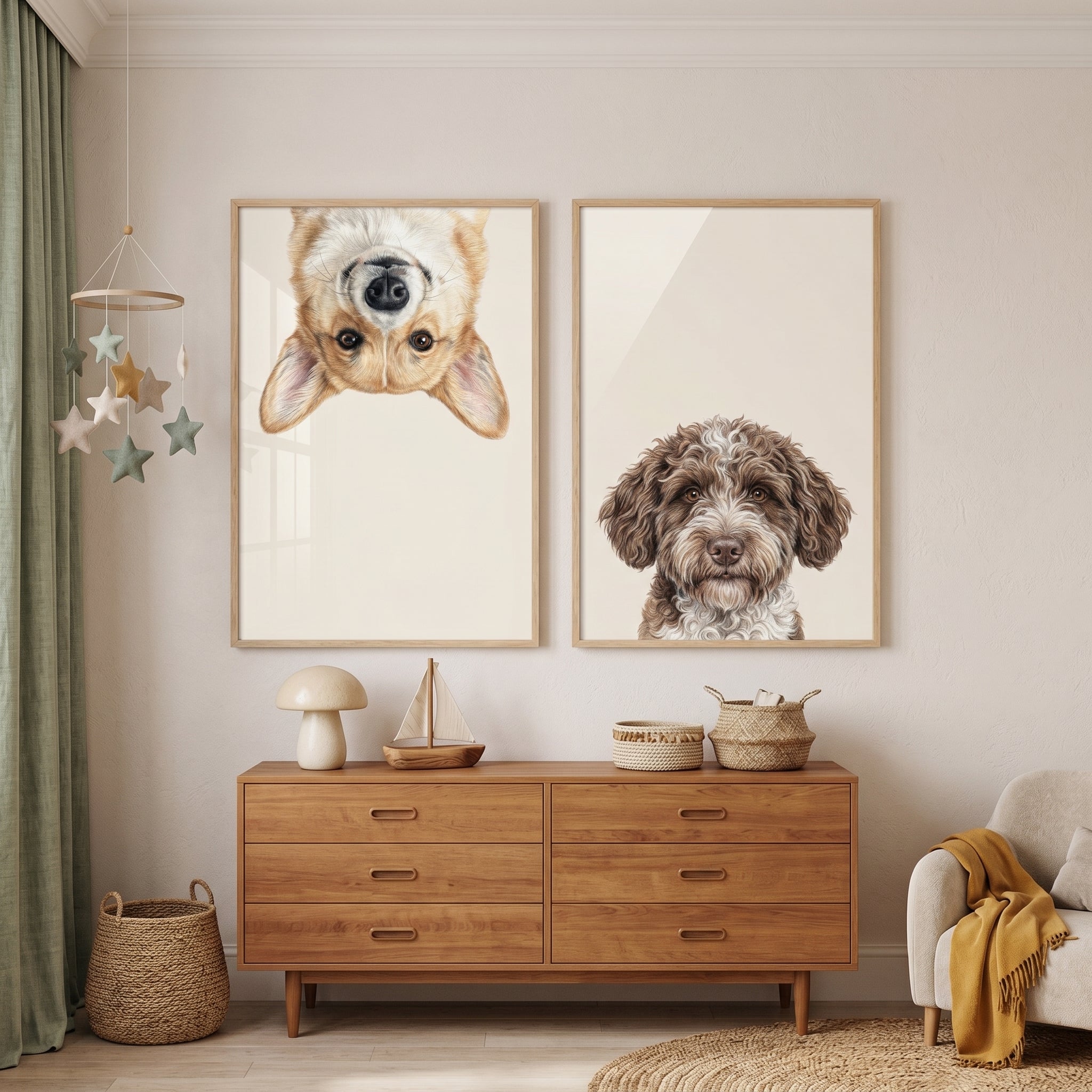 Minimalist Cream Pet Dog Wall Art Set of 2 - Playful Pet Portraits