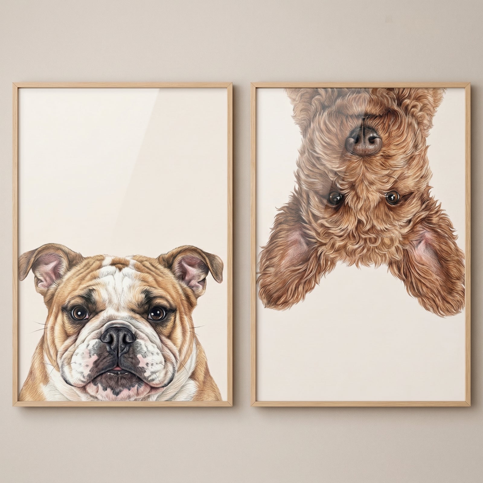 Minimalist dog illustration artwork set of 2. A bulldog and an upside-down curly brown dog peer from the frame edges.