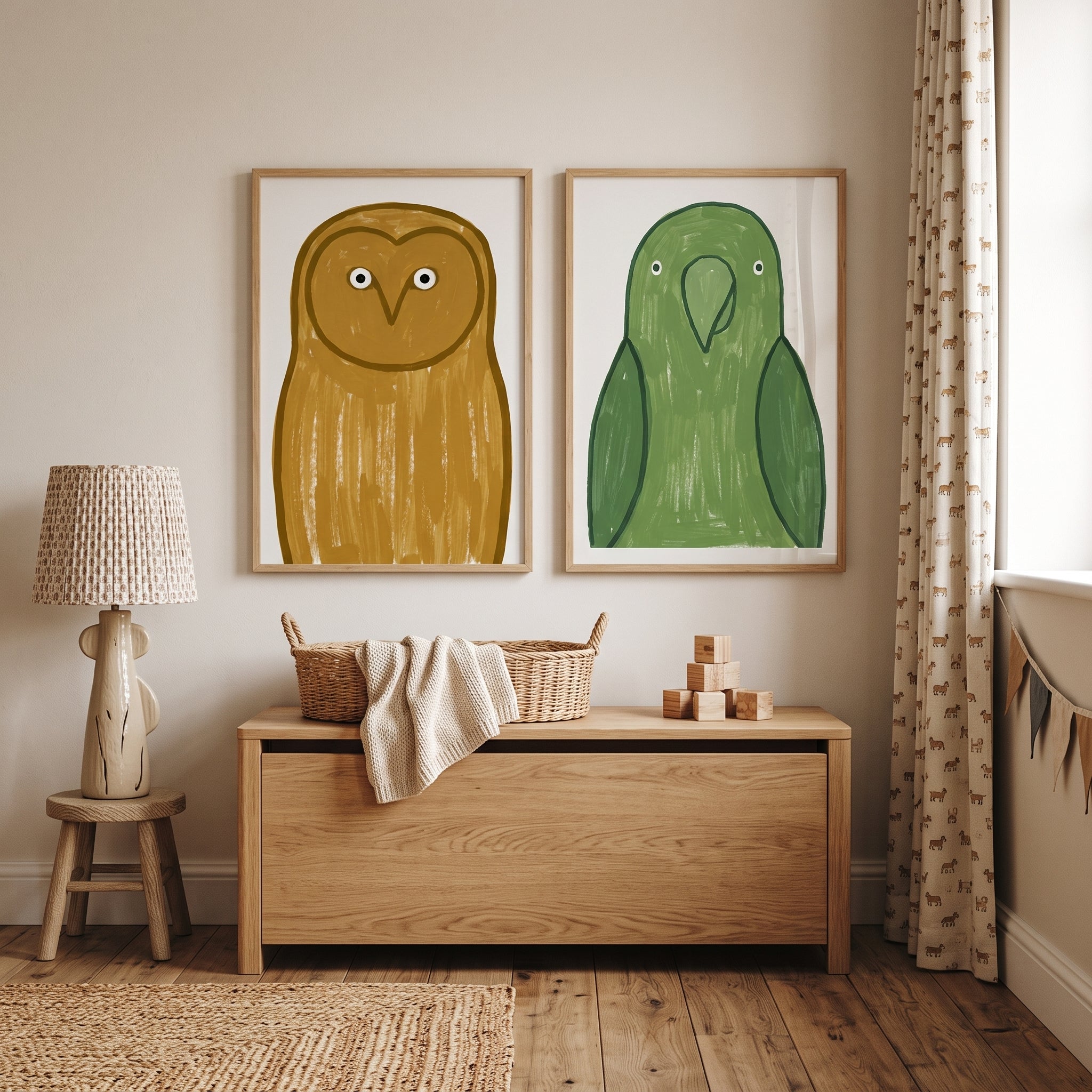 Minimalist Earth Tone Birds Artwork Set of 2 - Curious Winged Friends