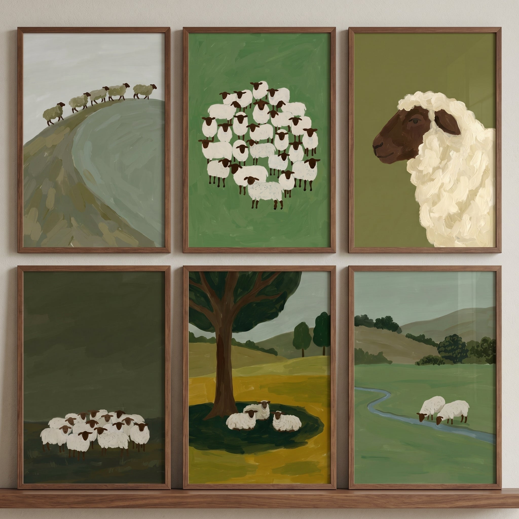 Minimalist Earthy Flock Sheep Wall Art Set of 6 - Quiet Meadow Sheep