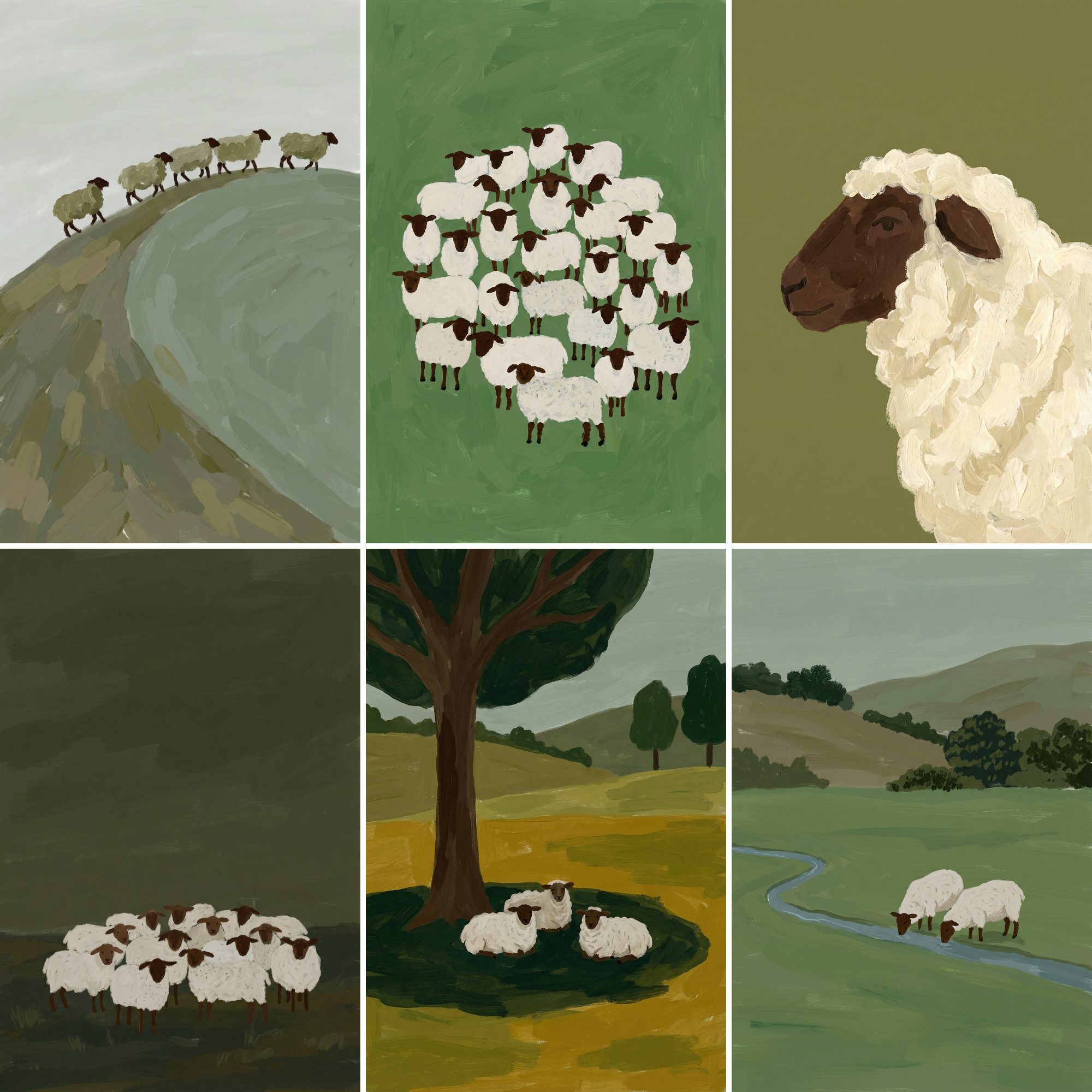 Minimalist Earthy Flock Sheep Wall Art Set of 6 - Quiet Meadow Sheep