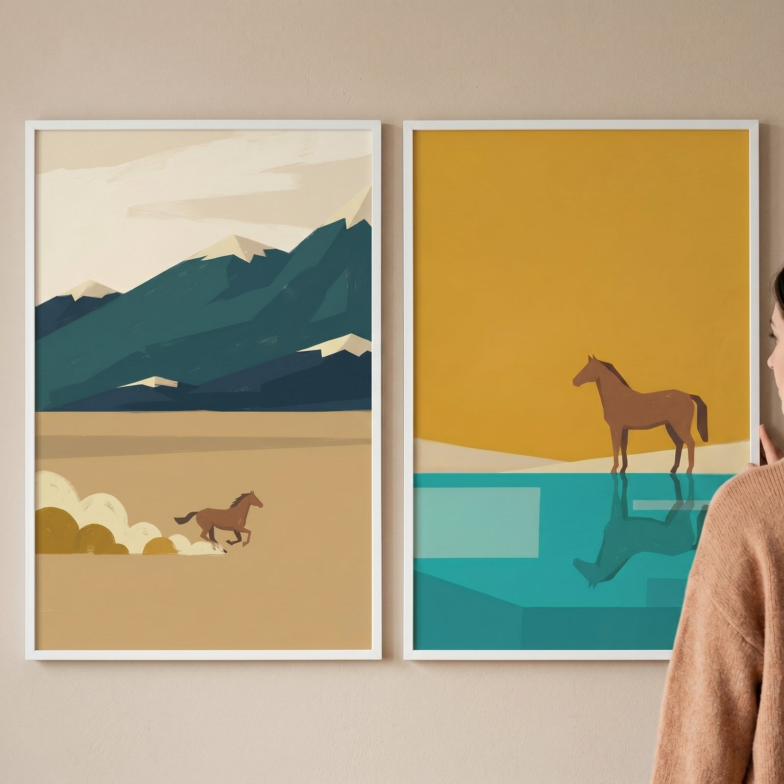 Minimalist earthy nature horse wall art set of 2 depicts a running horse by mountains and a standing horse near water.