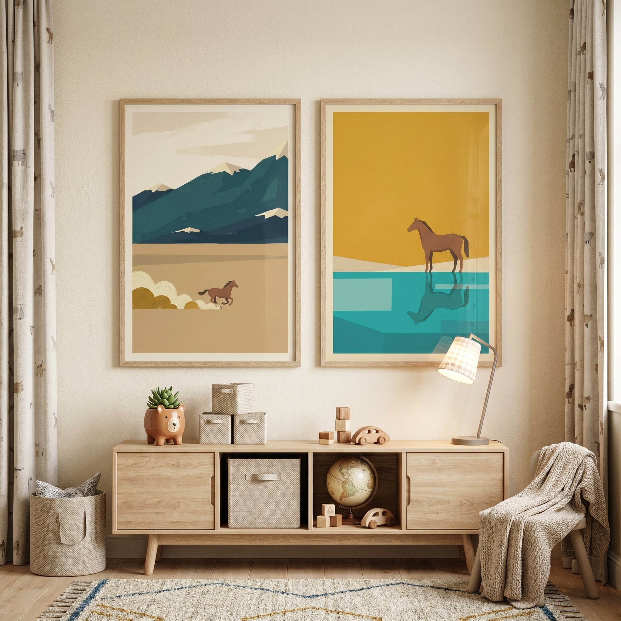Minimalist Earthy Nature Horse Wall Art Set of 2 - Wild Equine Duo
