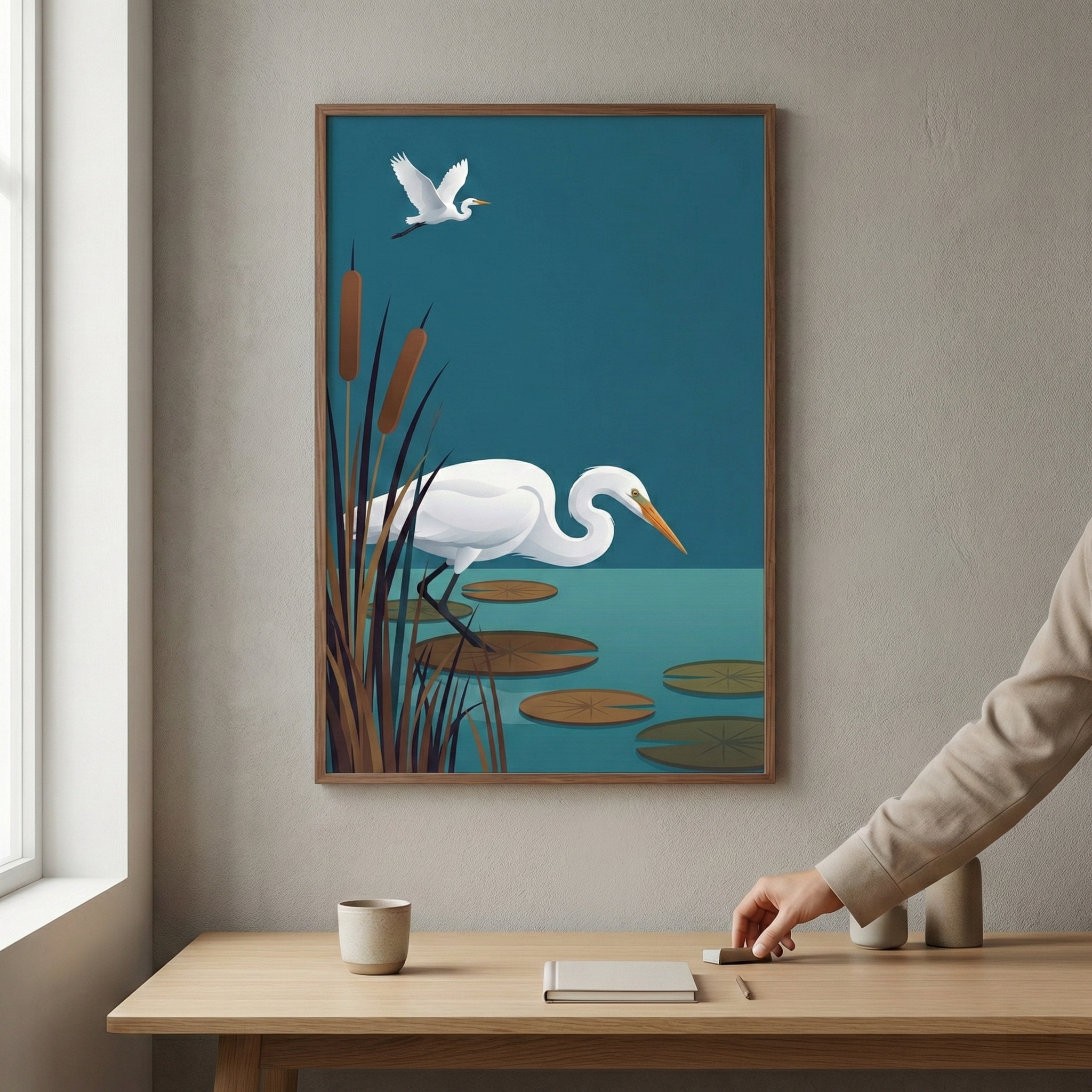 A framed artwork of a white heron standing among cattails and lily pads is displayed on a wall. Another heron is flying above in the blue background. The room also features a wooden cabinet with black vases, books, and a vase with dried grasses, alongside a gold wall sconce.