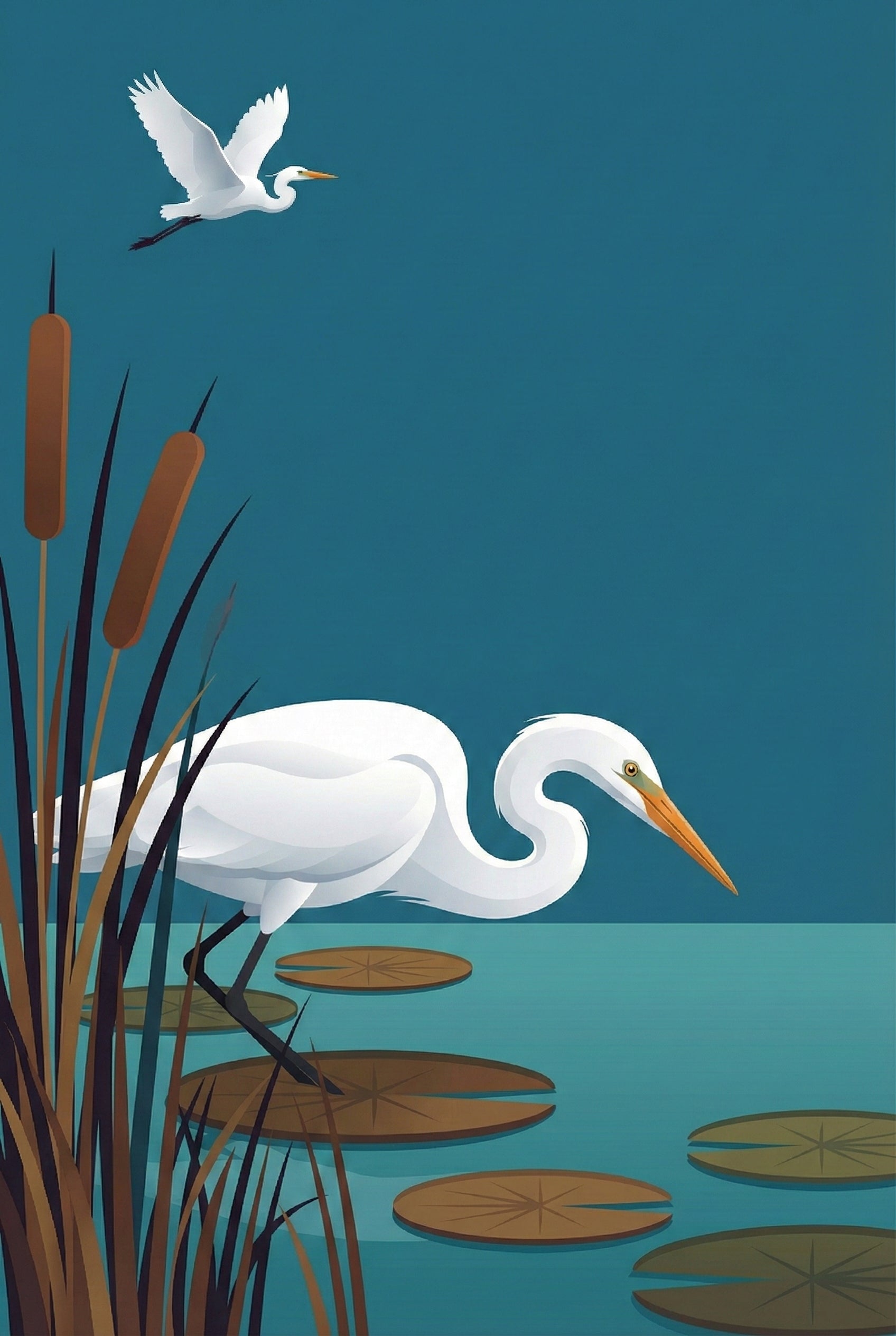 A stylized illustration shows a white heron standing on lily pads in a tranquil blue pond, with another heron flying above. Brown cattails frame the scene on the left, adding depth and contrast.