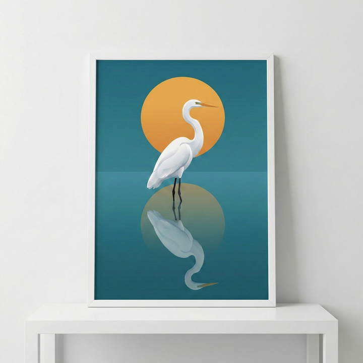 A framed piece of minimalist digital art featuring a white egret. A slender white bird with a long, curved neck and a sharp orange beak stands in calm water. Behind the bird is a large, vibrant orange circular sun against a deep teal backdrop. The lower half of the composition shows a clear reflection of the bird and the orange sun on the still water's surface. The illustration uses clean lines and simple shapes to create a serene, modern scene.
