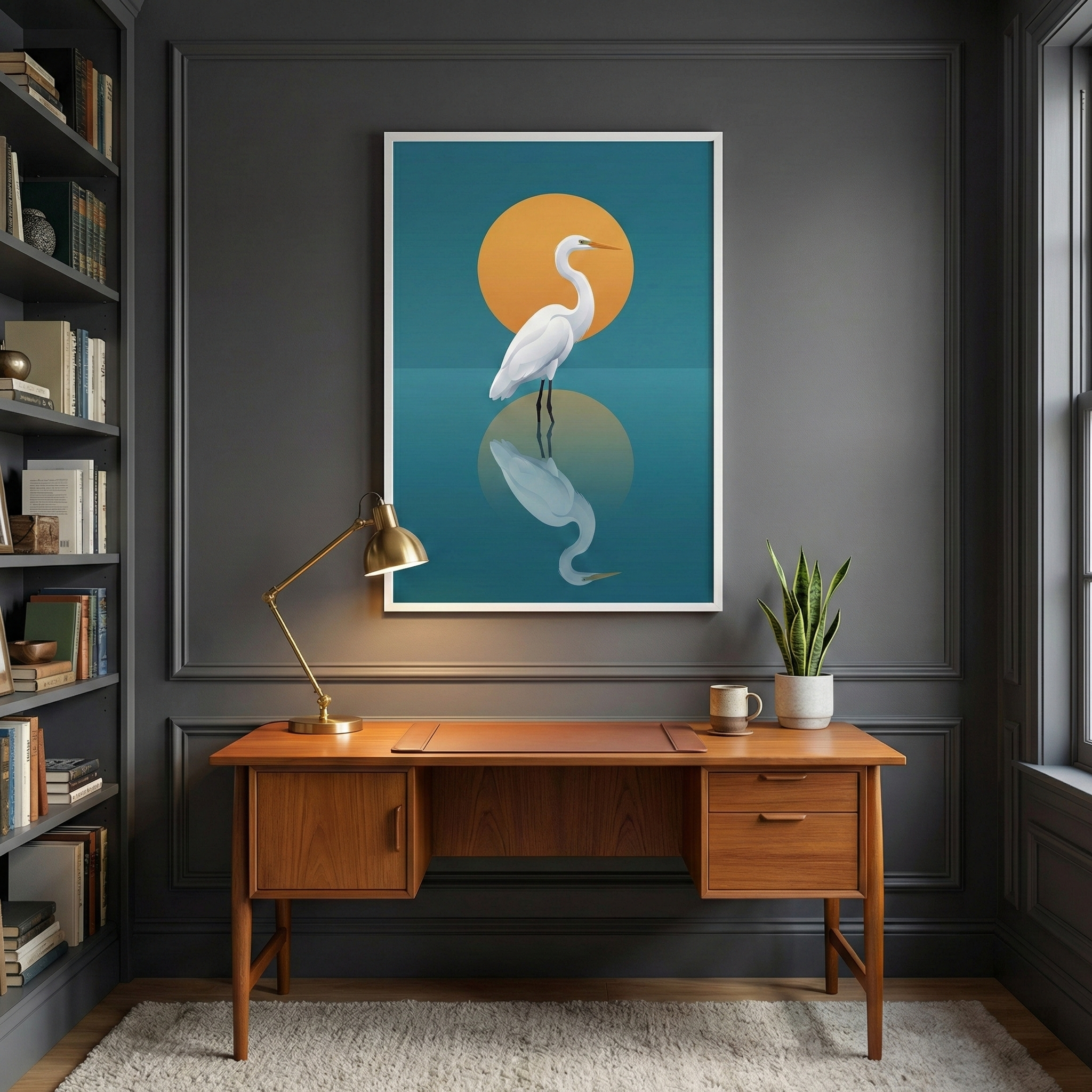 A sophisticated study featuring dark grey walls adorned with classic wall paneling. At the center is a mid-century modern wooden desk. A brown leather blotter sits on the desktop, accompanied by a brass-colored desk lamp, a ceramic mug, and a potted snake plant. To the left, a tall bookshelf is filled with numerous books. Above the desk hangs a framed graphic illustration of a graceful white heron standing in water against a vibrant orange sun, all reflected on a deep teal background.