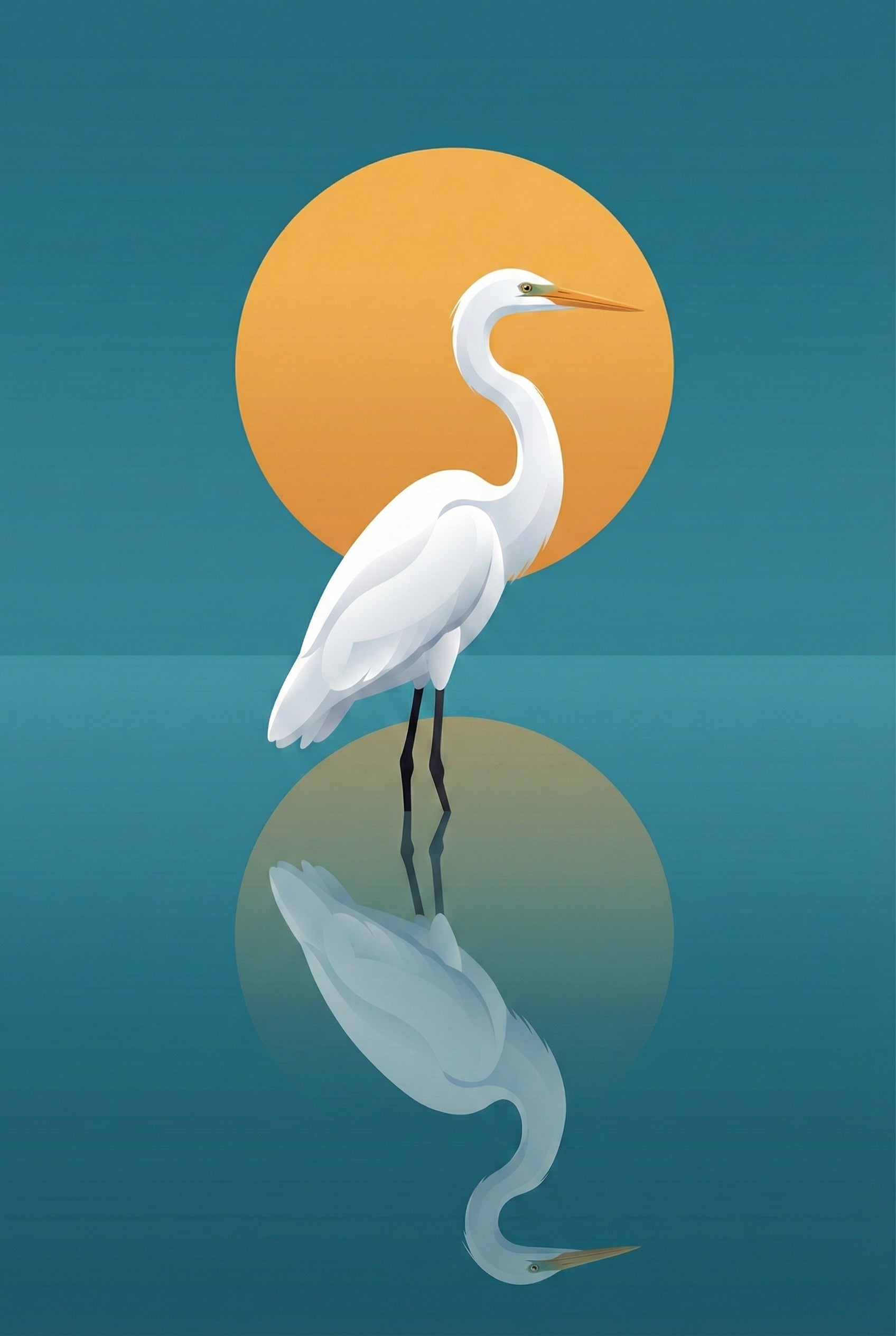 A vertical digital illustration features a graceful white egret standing in a calm body of water. Its slender body and long, curved neck are positioned in front of a massive, bright orange circular sun. The bird has a pointed orange beak and thin black legs. The entire scene, including the sun and the bird, is reflected in the dark teal water below. The background consists of a solid teal color, creating a serene and minimalist atmosphere.