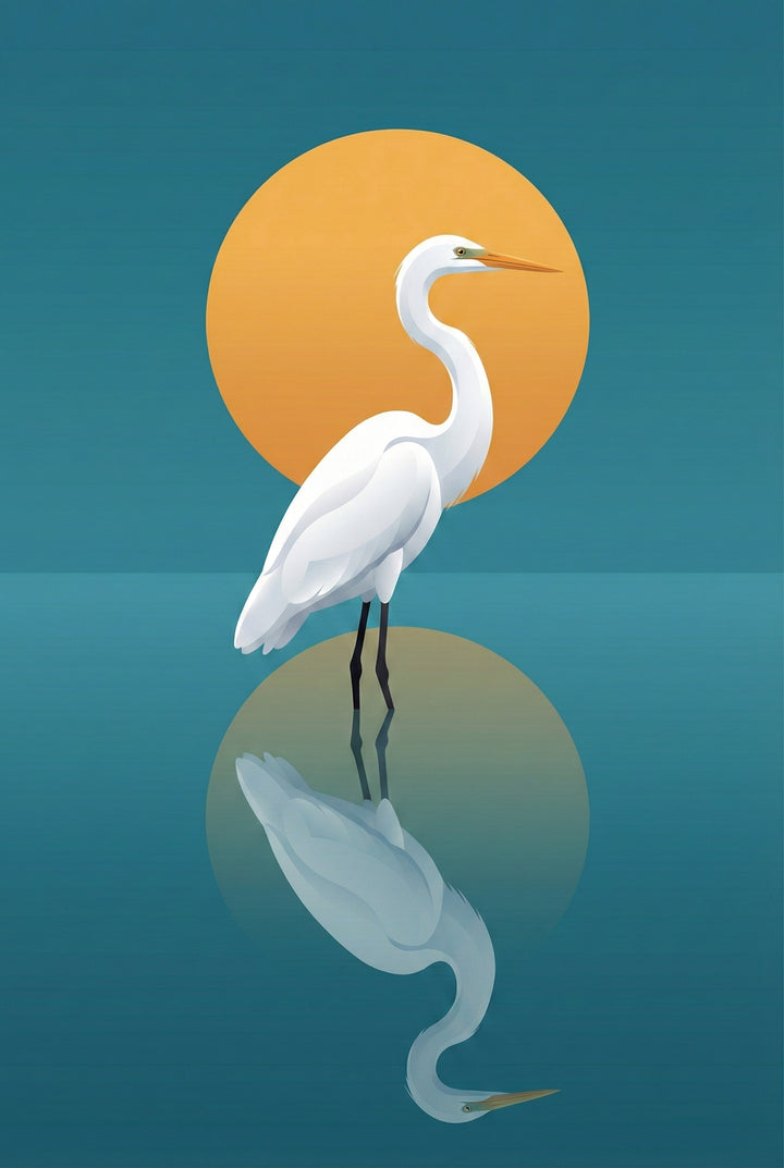 A vertical digital illustration features a graceful white egret standing in a calm body of water. Its slender body and long, curved neck are positioned in front of a massive, bright orange circular sun. The bird has a pointed orange beak and thin black legs. The entire scene, including the sun and the bird, is reflected in the dark teal water below. The background consists of a solid teal color, creating a serene and minimalist atmosphere.