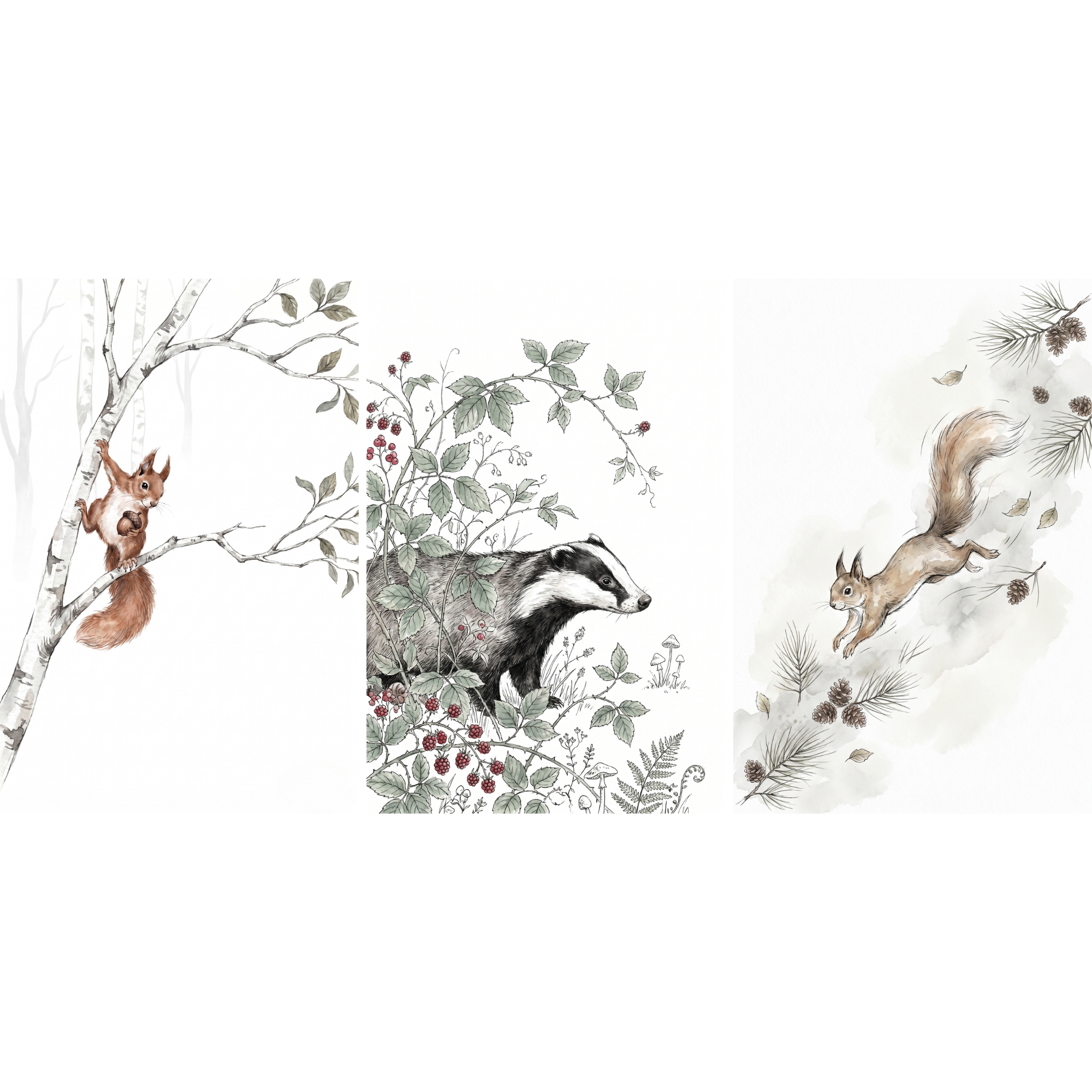Minimalist Forest Animals Wall Art Set of 3 - Woodland Friends Trio