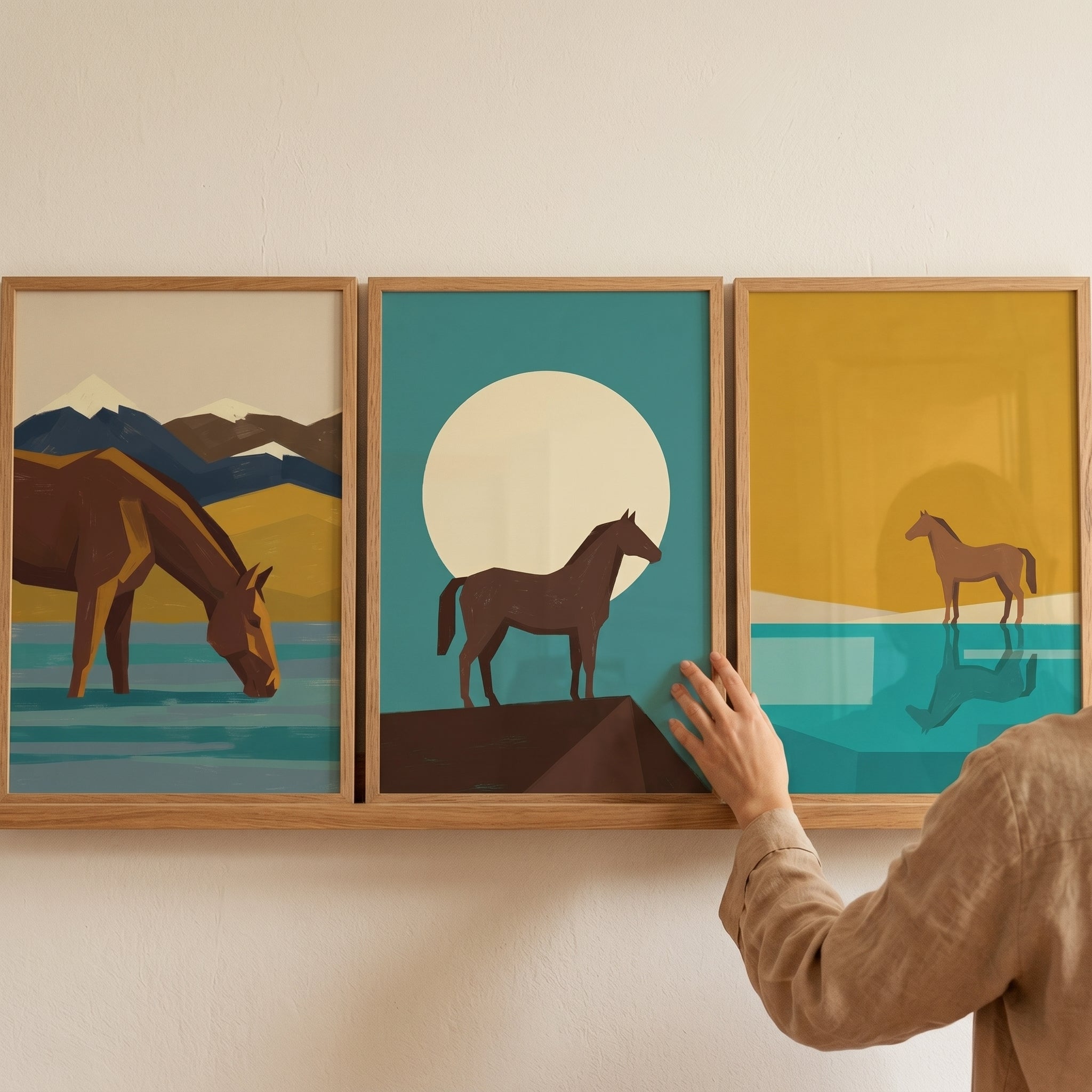 Minimalist Geometric Brown Horse Wall Art Set of 3 - Wild Stallion Trio