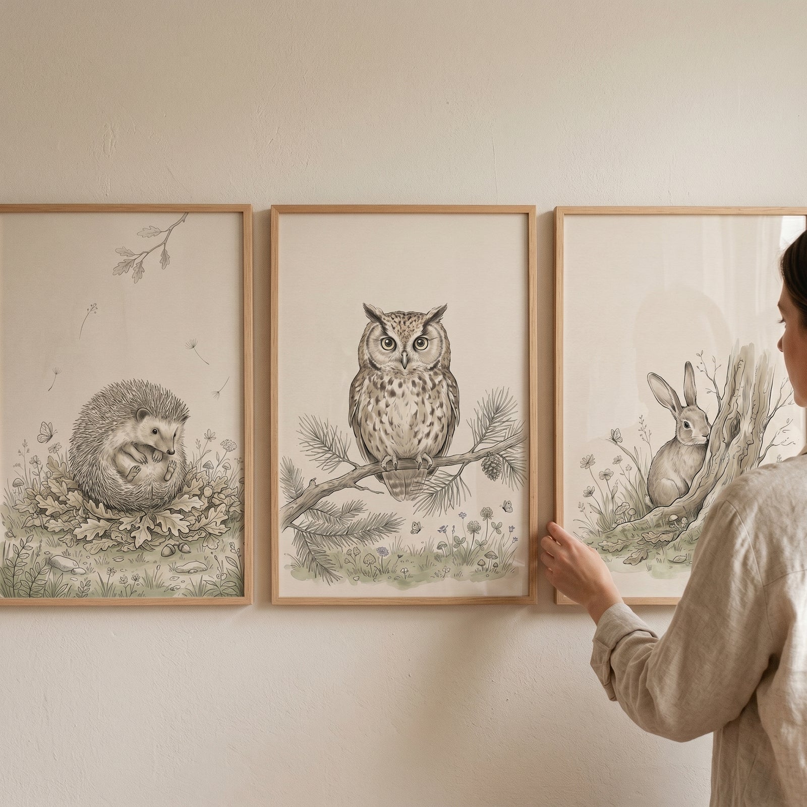 A woman adjusts one frame of a minimalist graphite woodland animal wall art set of 3 with a hedgehog, owl, and rabbit.