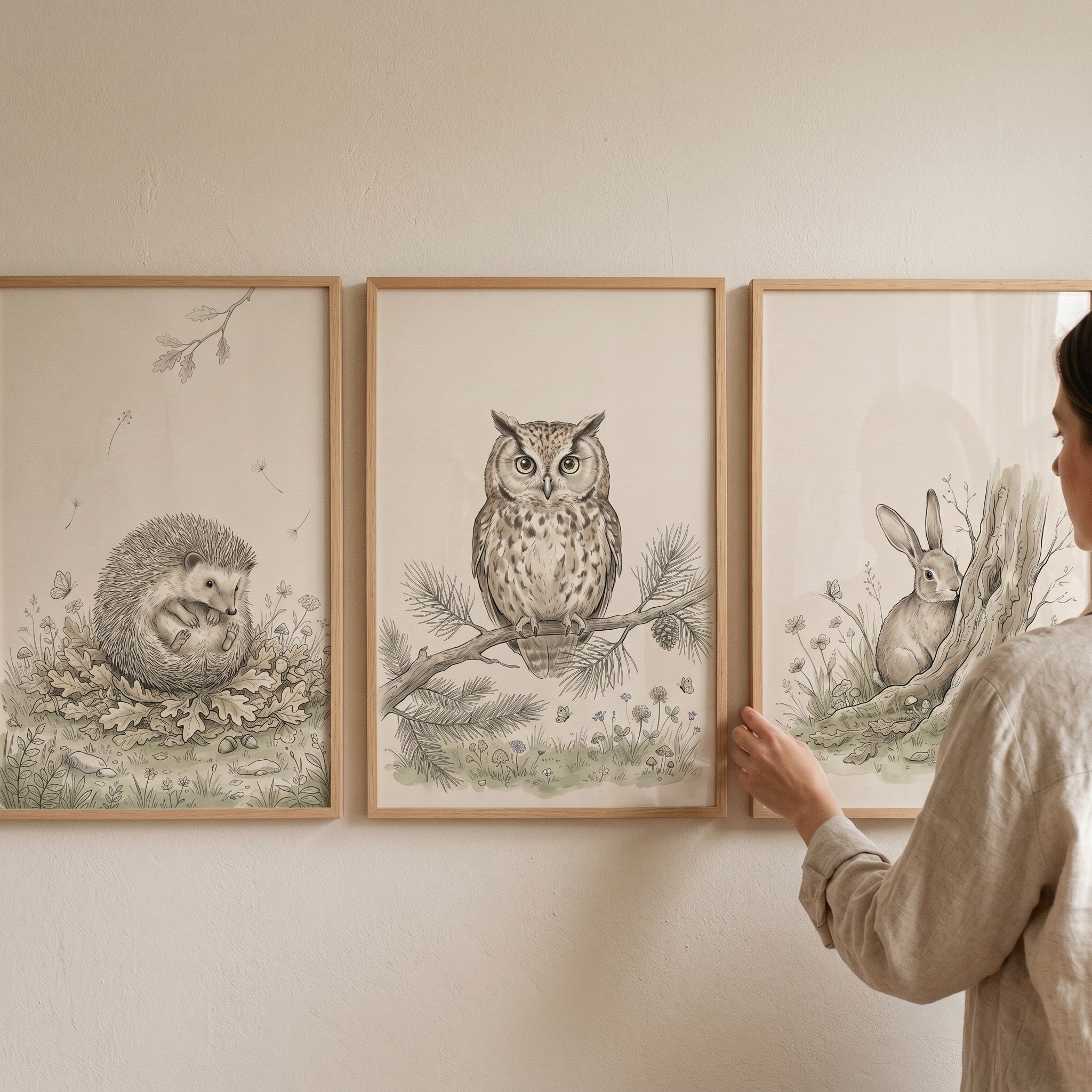 Minimalist Graphite Woodland Animal Wall Art Set of 3 - Forest Animal Sketches
