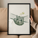 Minimalist illustration sloth artwork of a sloth hanging on a tennis net as a tennis ball flies toward it.
