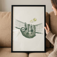 Minimalist illustration sloth artwork of a sloth hanging on a tennis net as a tennis ball flies toward it.
