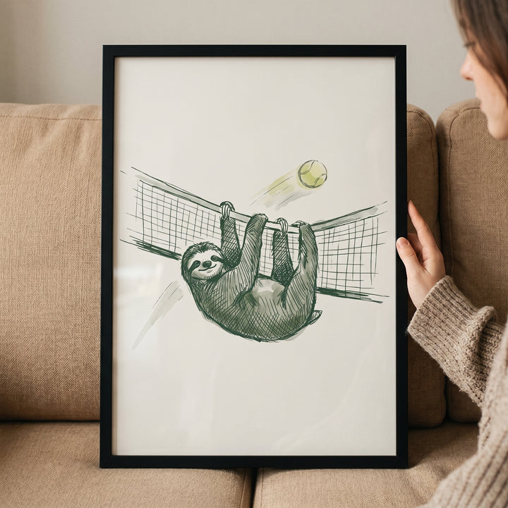 Minimalist illustration sloth artwork of a sloth hanging on a tennis net as a tennis ball flies toward it.
