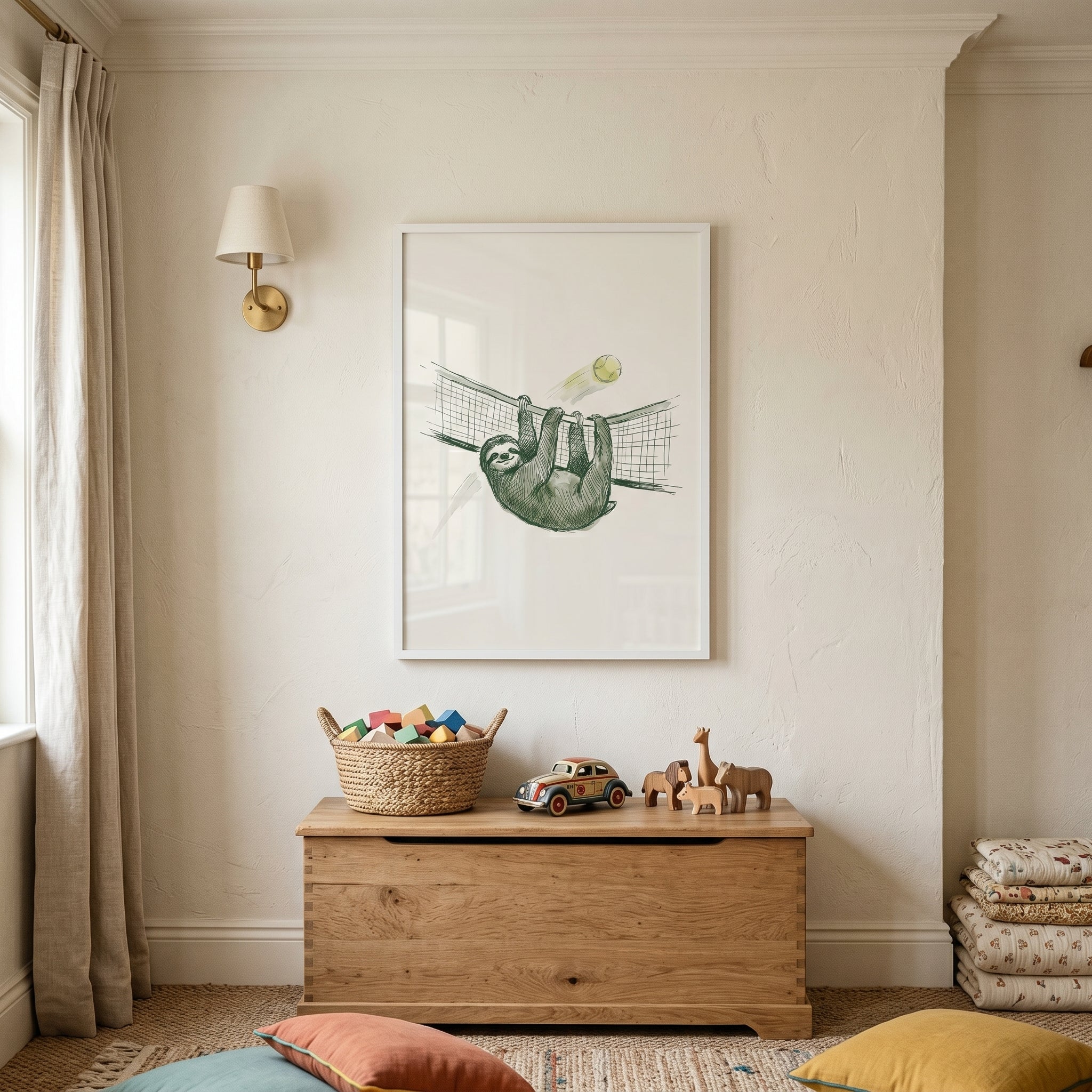 Minimalist illustration sloth artwork of a sloth on a tennis net hangs above a wooden toy chest in a cozy nursery.