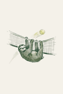 Minimalist illustration sloth artwork of a sloth hanging from a volleyball net as a yellow ball flies by.