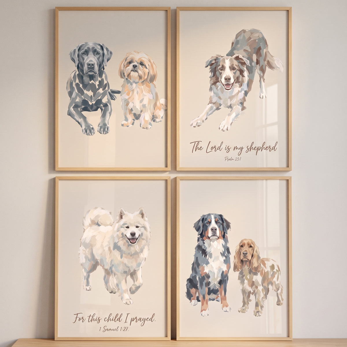 Minimalist japandi neutral dogs wall art set of 4 displays stylized dog portraits and scripture in light wood frames.