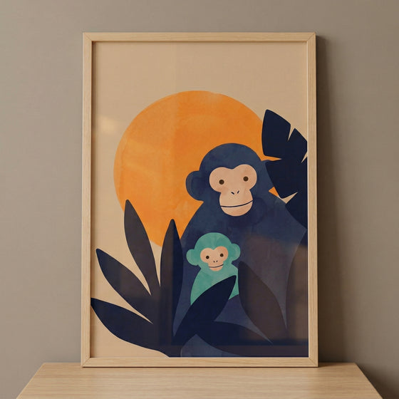 Framed illustration of a dark blue monkey holding a small baby monkey while peeking through large leafy shapes with an orange sun behind them. The artwork sits on a wooden surface and adds a calm and playful jungle theme to a nursery space.