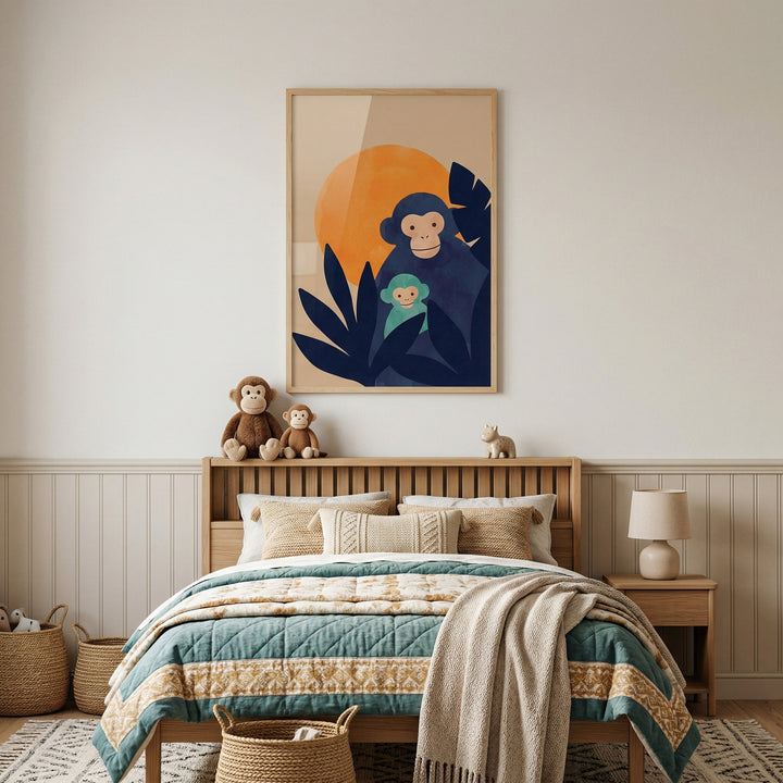 Framed illustration of a blue monkey holding a baby monkey in front of a large orange sun hangs above a neatly made bed with green and beige bedding. Plush toys, woven baskets, and soft neutral decor create a cozy and playful child friendly bedroom setting.