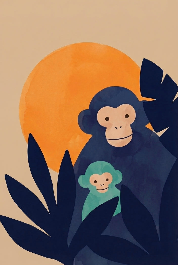 A minimalist, watercolor-textured illustration of two stylized monkeys. A large, dark navy blue monkey stands behind a much smaller light green monkey. Both animals have simple peach-colored faces and friendly expressions. Behind them is a large, textured orange sun against a plain beige background. Dark blue leaf-like silhouettes frame the bottom and right side, giving the impression of a jungle setting.