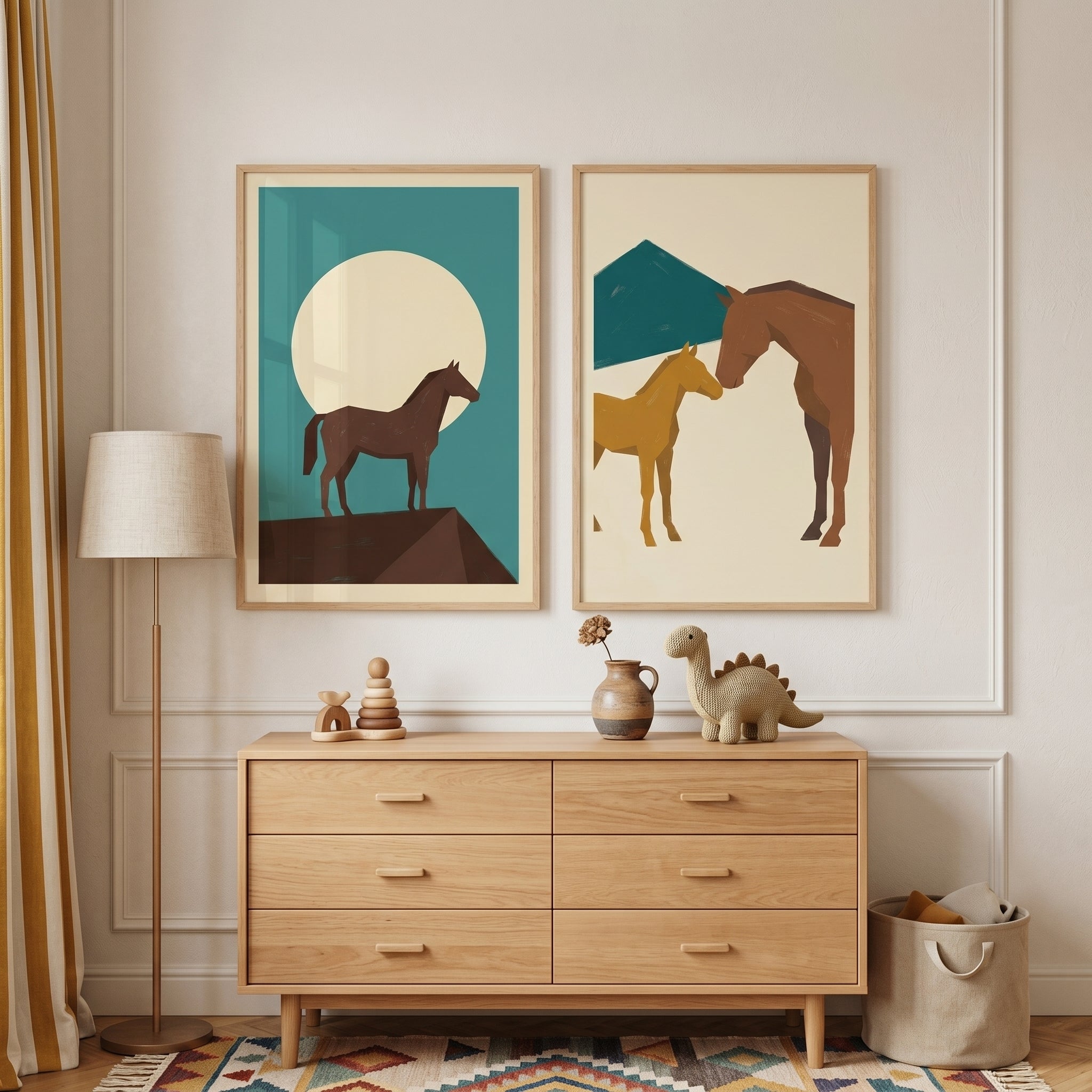 Minimalist Mid Century Horse Wall Art Set of 2 - Wild Horse Horizon
