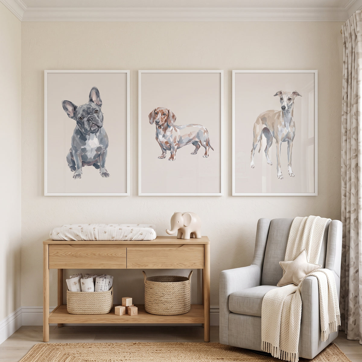Minimalist Natural Shades Dogs Wall Art Set of 3 - Elegant Canine Trio