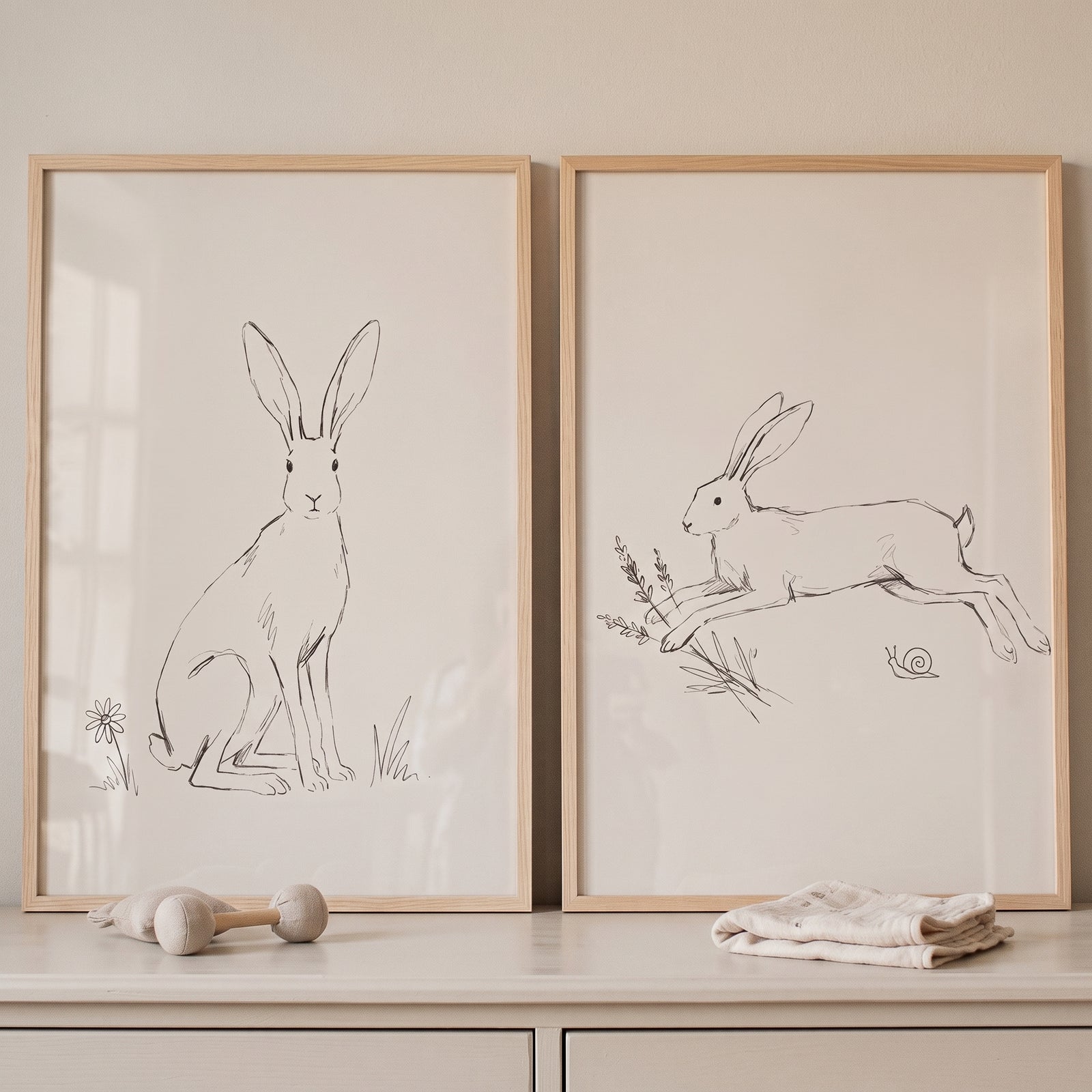 Minimalist neutral bunny wall art set of 2 in light wood frames, featuring hand-drawn sitting and leaping rabbits.