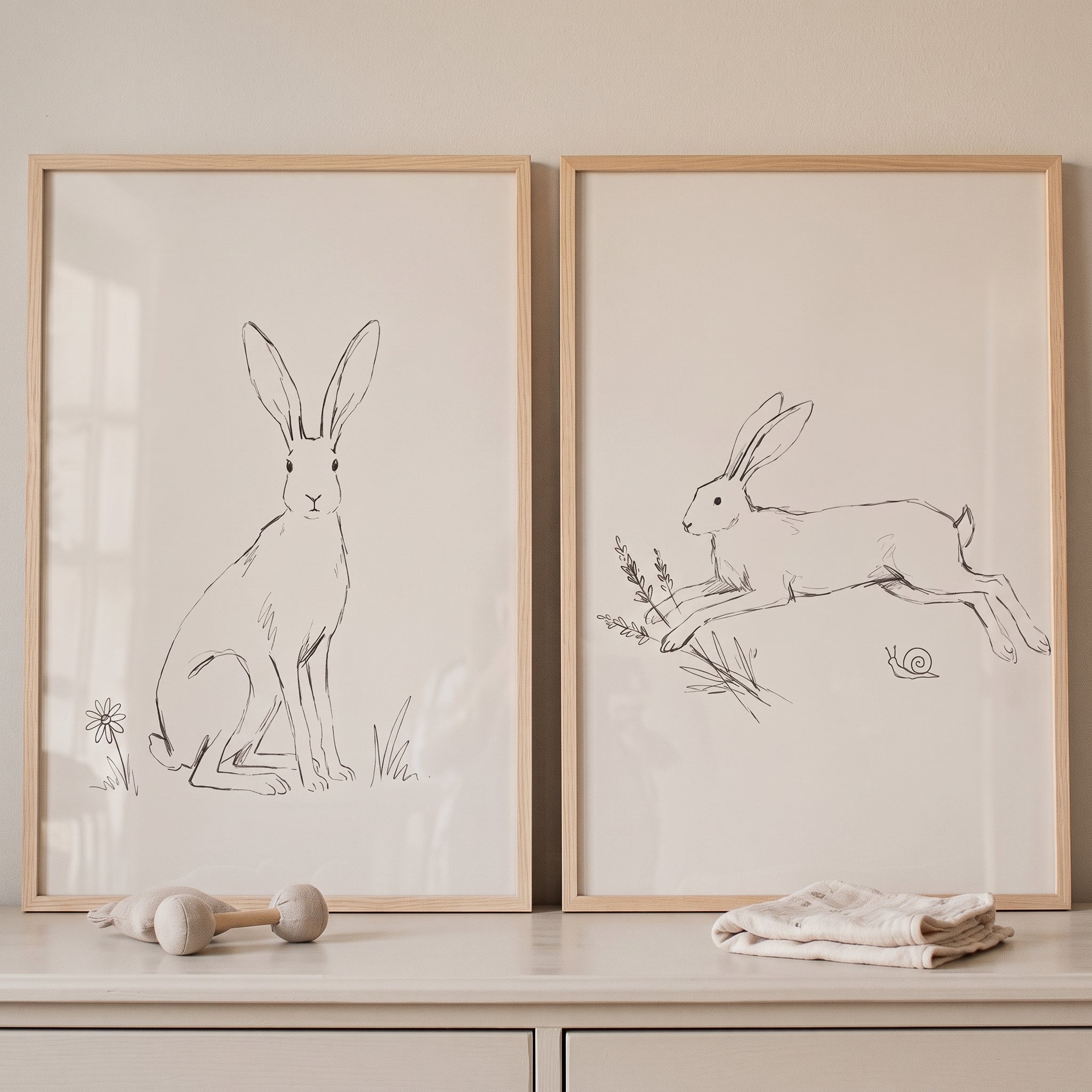 Minimalist Neutral Bunny Wall Art Set of 2 - Hare Meadow Sketches