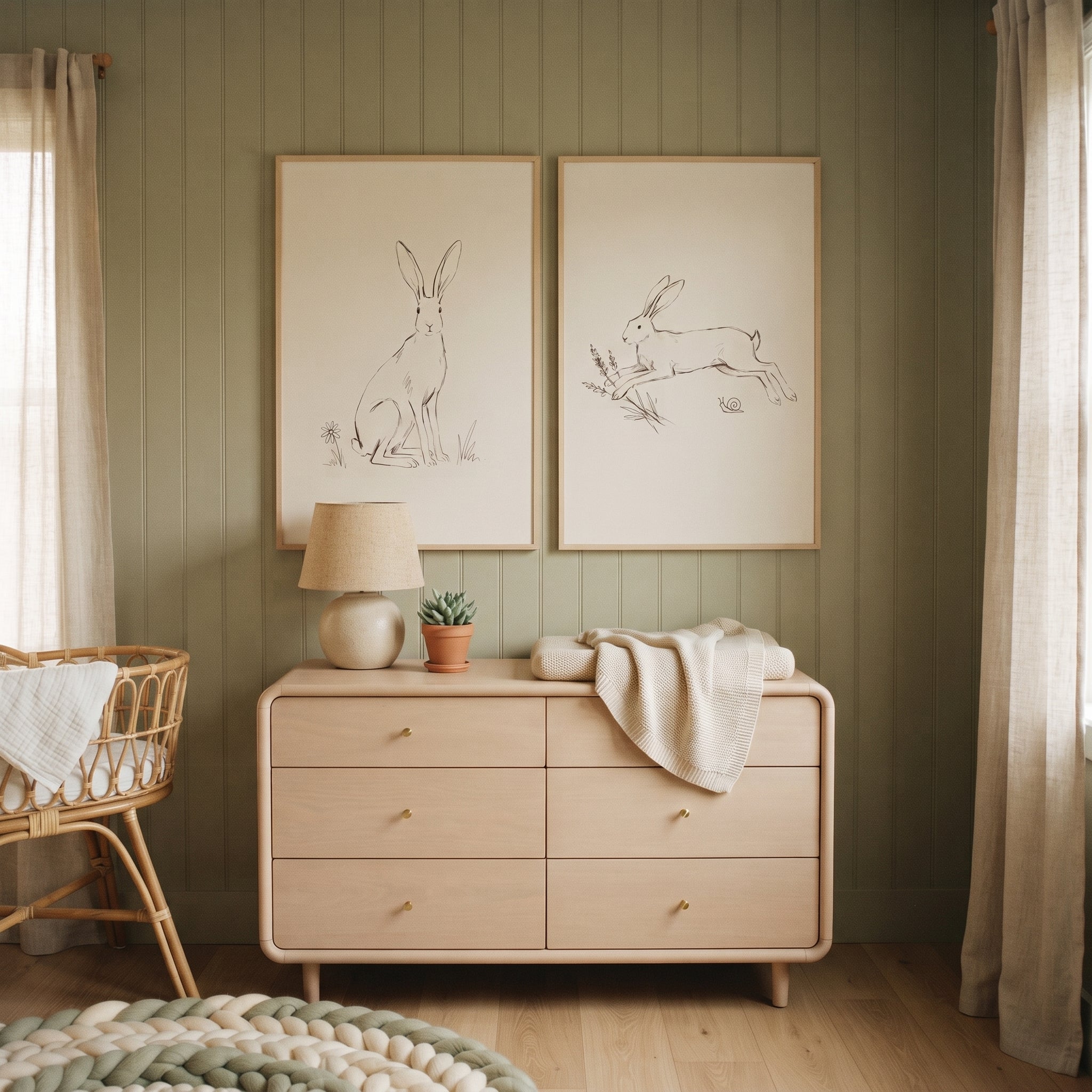 Minimalist Neutral Bunny Wall Art Set of 2 - Hare Meadow Sketches