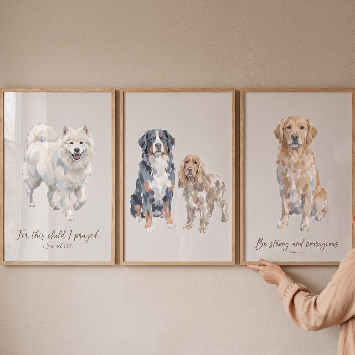 Minimalist neutral christian dogs wall art set of 3 featuring illustrations of various dog breeds and Bible verses.