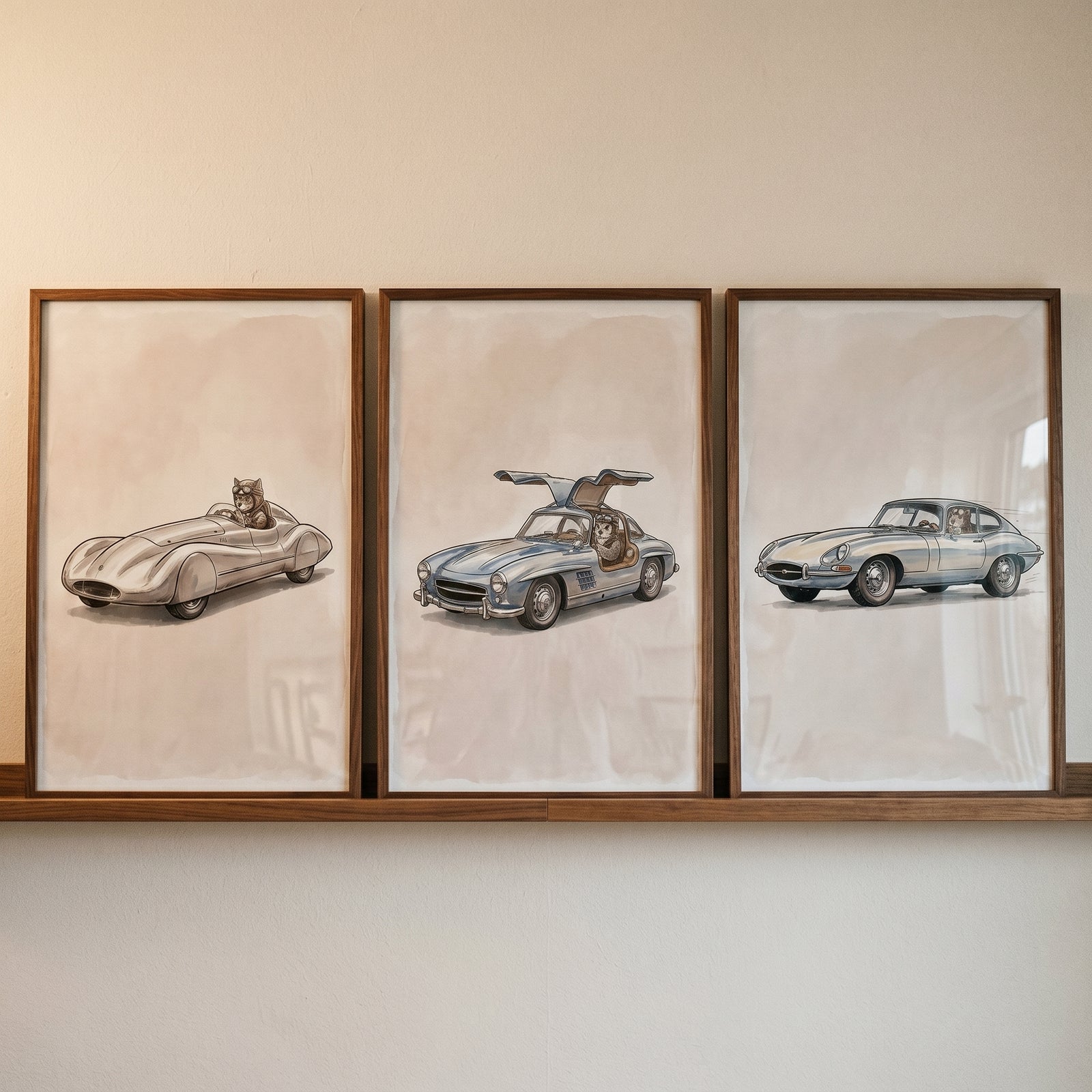 Minimalist neutral driving animal wall art set of 3 featuring animals in vintage cars displayed on a wooden shelf.