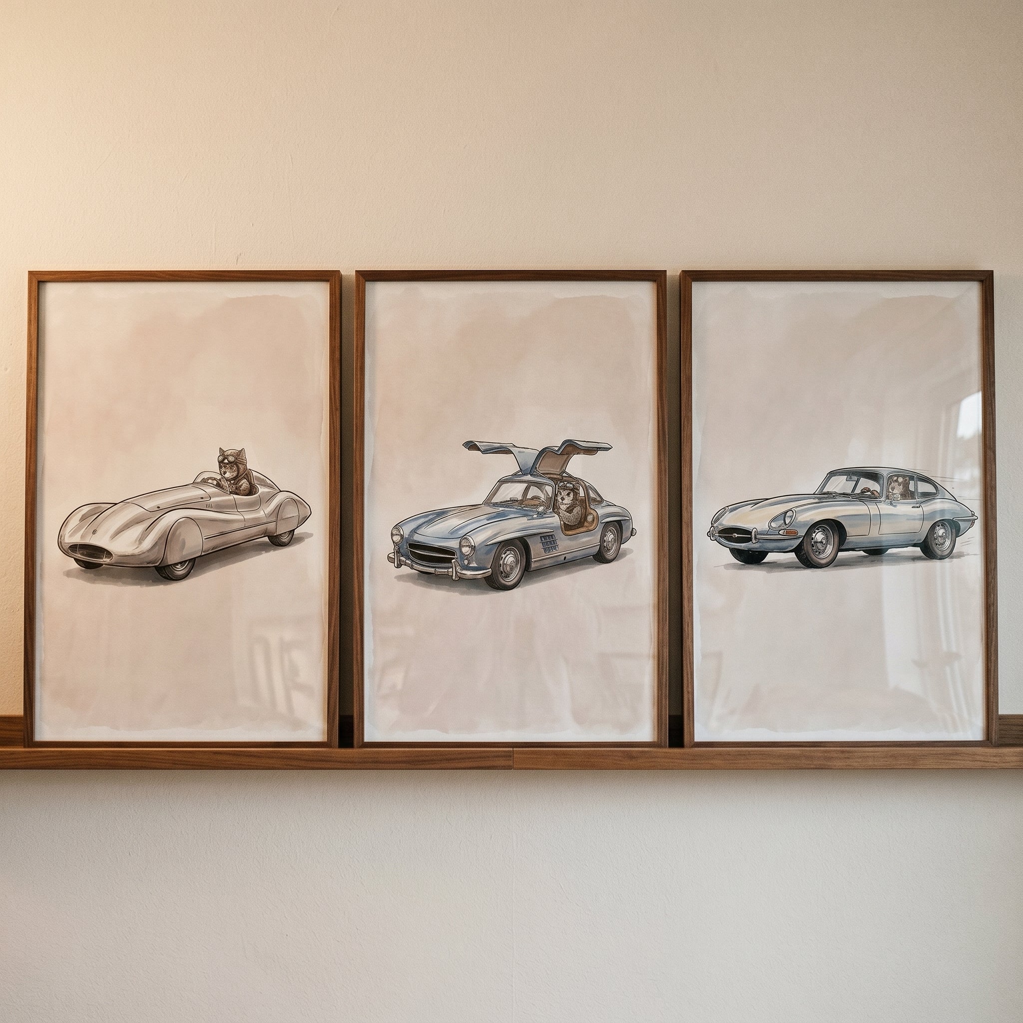 Minimalist Neutral Driving Animal Wall Art Set of 3 - Dapper Cat Drivers