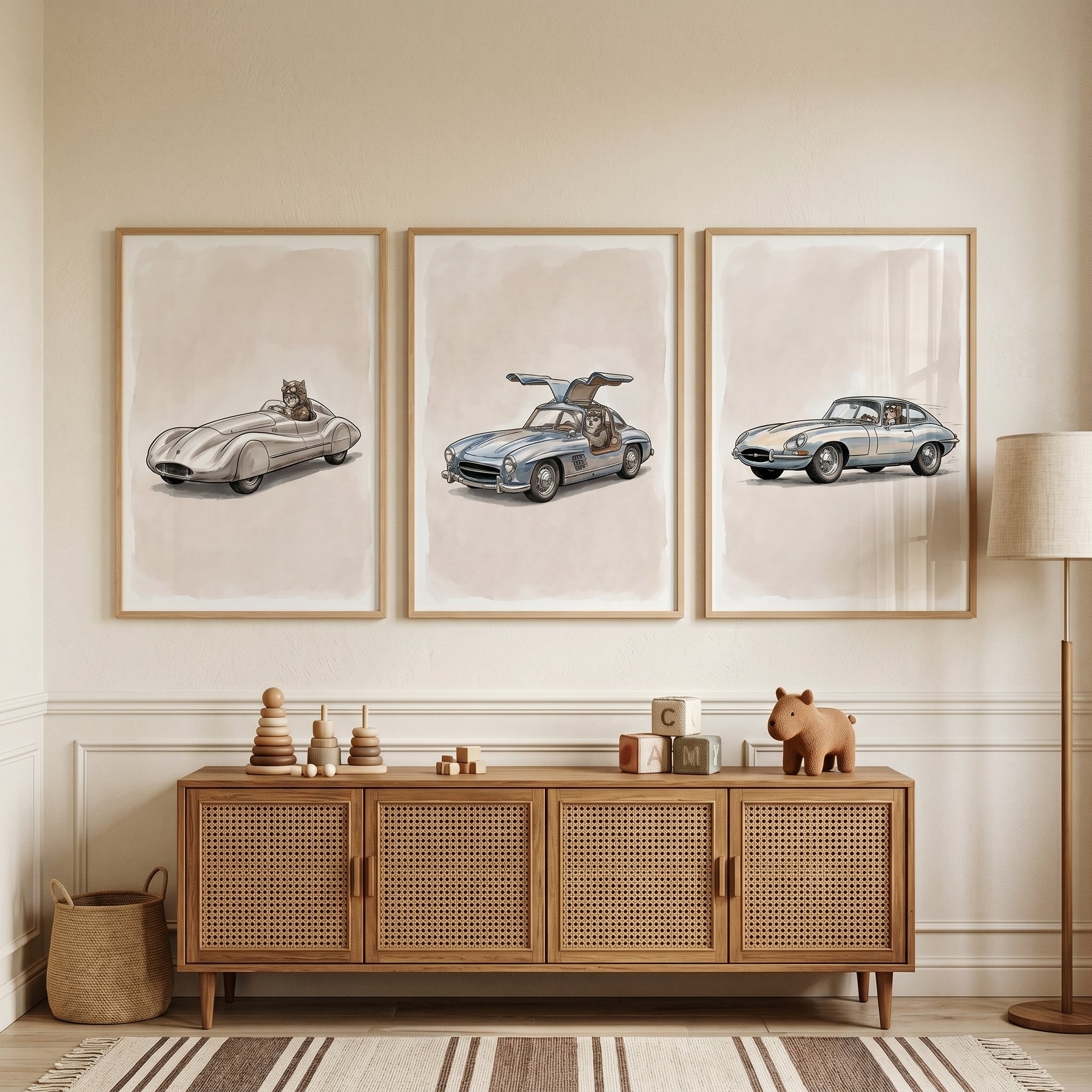 Minimalist Neutral Driving Animal Wall Art Set of 3 - Dapper Cat Drivers
