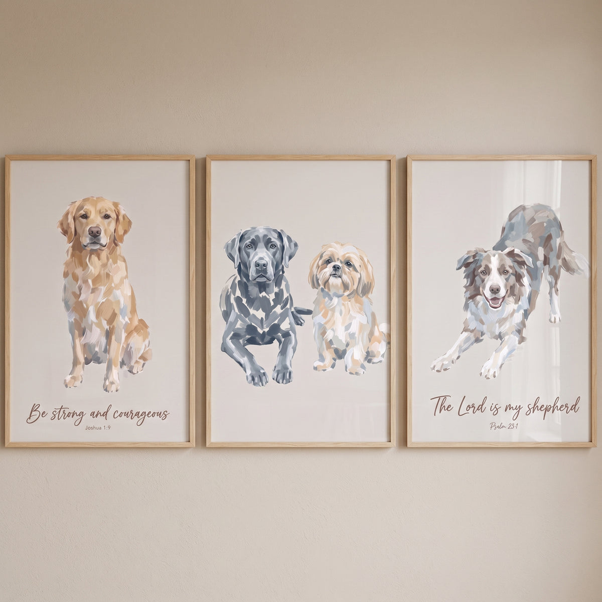 Minimalist Neutral Painterly Dogs Wall Art Set of 3 - Faithful Canine Scripture