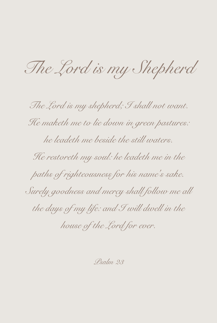 Minimalist neutral psalm 23 wall art with cursive calligraphy of the biblical scripture on a solid beige background.
