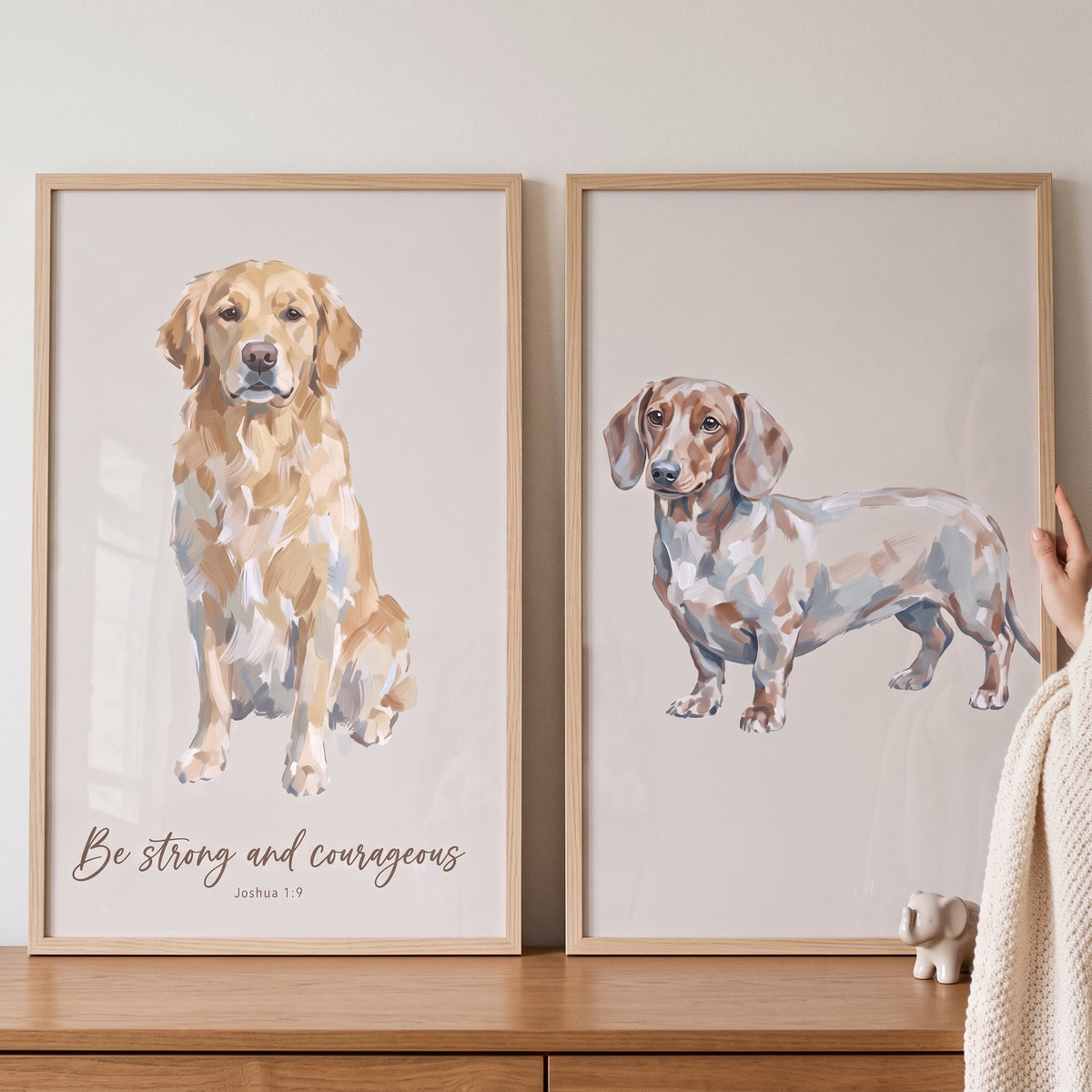 Minimalist oatmeal pet dog print set of 2 featuring a golden retriever with Joshua 1:9 and a dachshund.