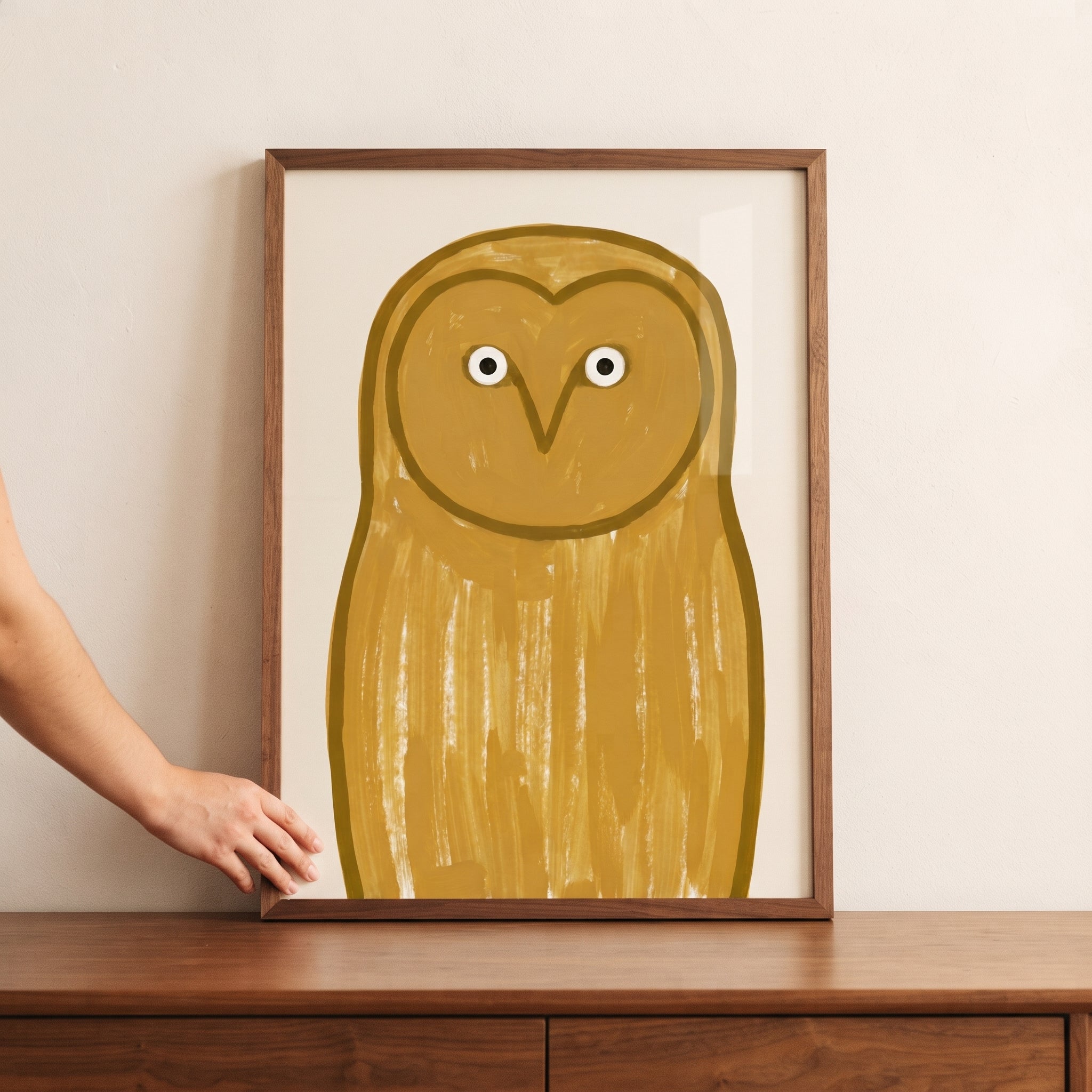 Minimalist Ochre Barn Owl Wall Art - Golden Night Watcher