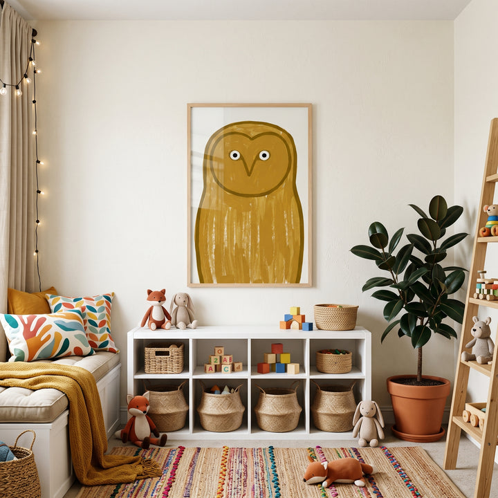 Minimalist ochre barn owl wall art in a cozy nursery with white cubbies, plush toys, a potted plant, and a striped rug.