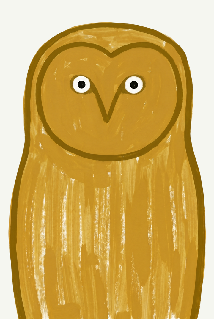 Minimalist ochre barn owl wall art featuring wide eyes and a heart-shaped face with visible golden brushstrokes.